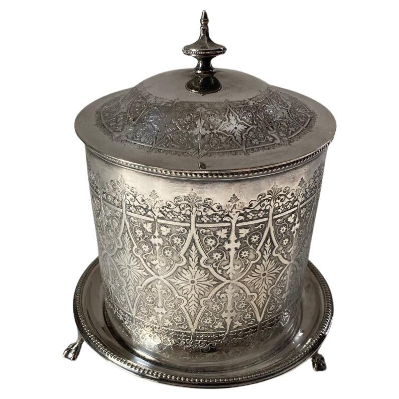Antique Victorian Silver Plate Round Engraved Biscuit Barrel with Hinged Lid  For Sale