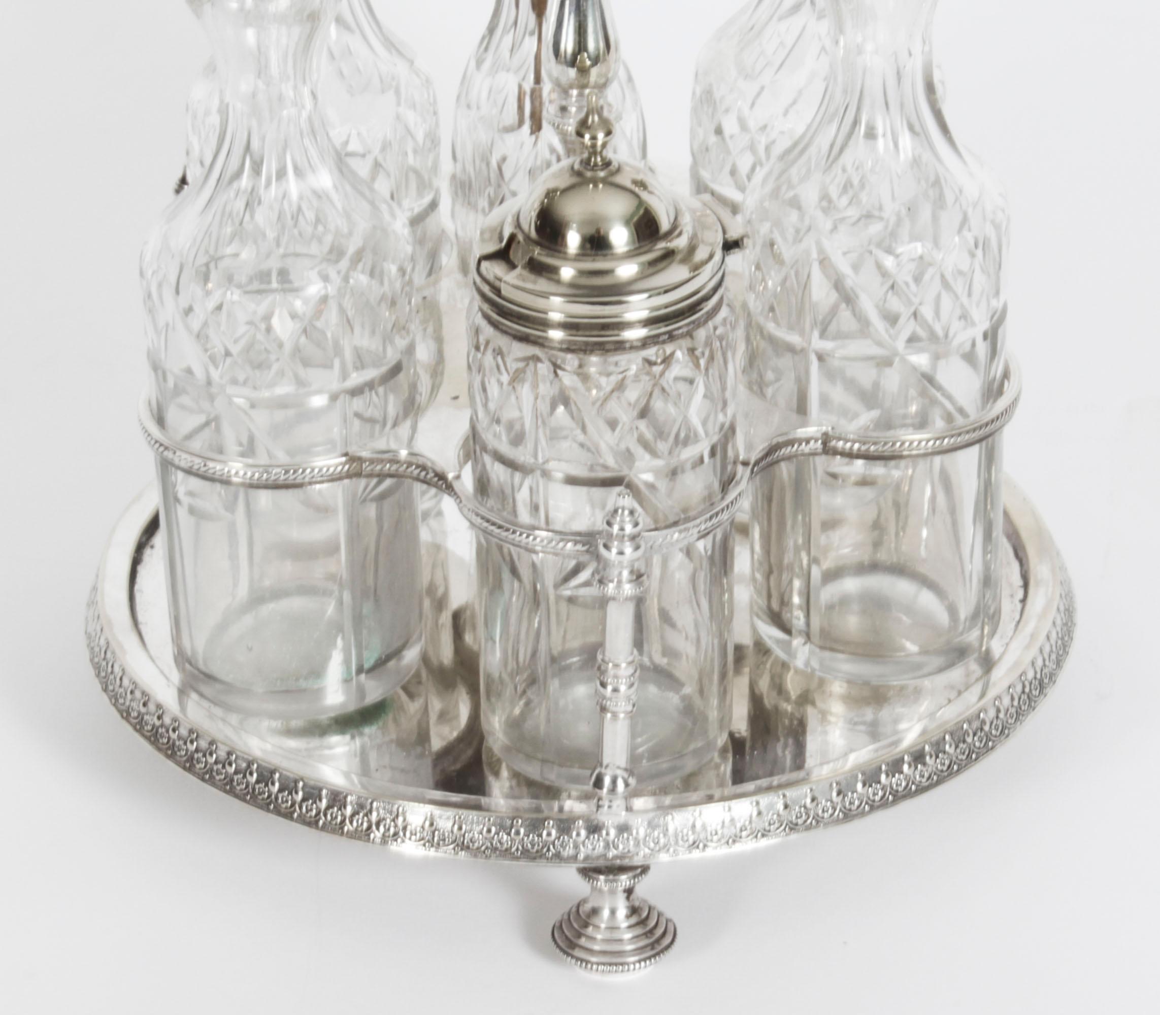 English Antique Victorian Silver Plated 6 Bottle Cruet Set, 19th Century