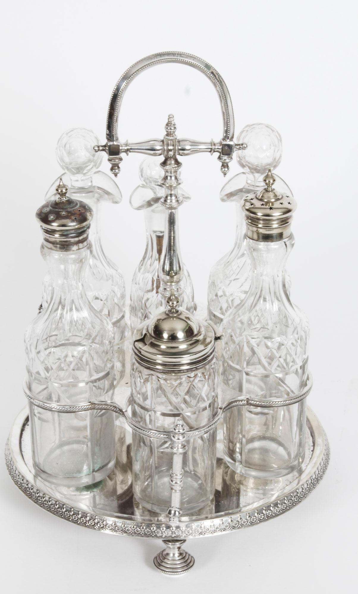 Antique Victorian Silver Plated 6 Bottle Cruet Set, 19th Century In Good Condition In London, GB