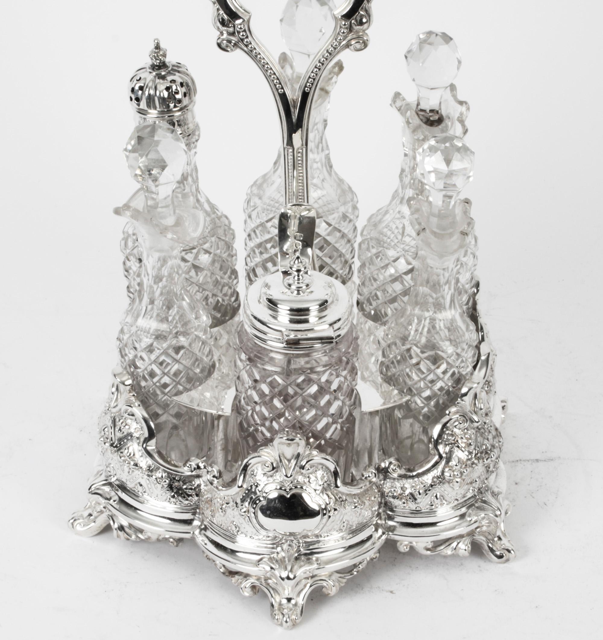 English Antique Victorian Silver Plated 6 Bottle Cruet Set Henry Wilkinson 19th Century