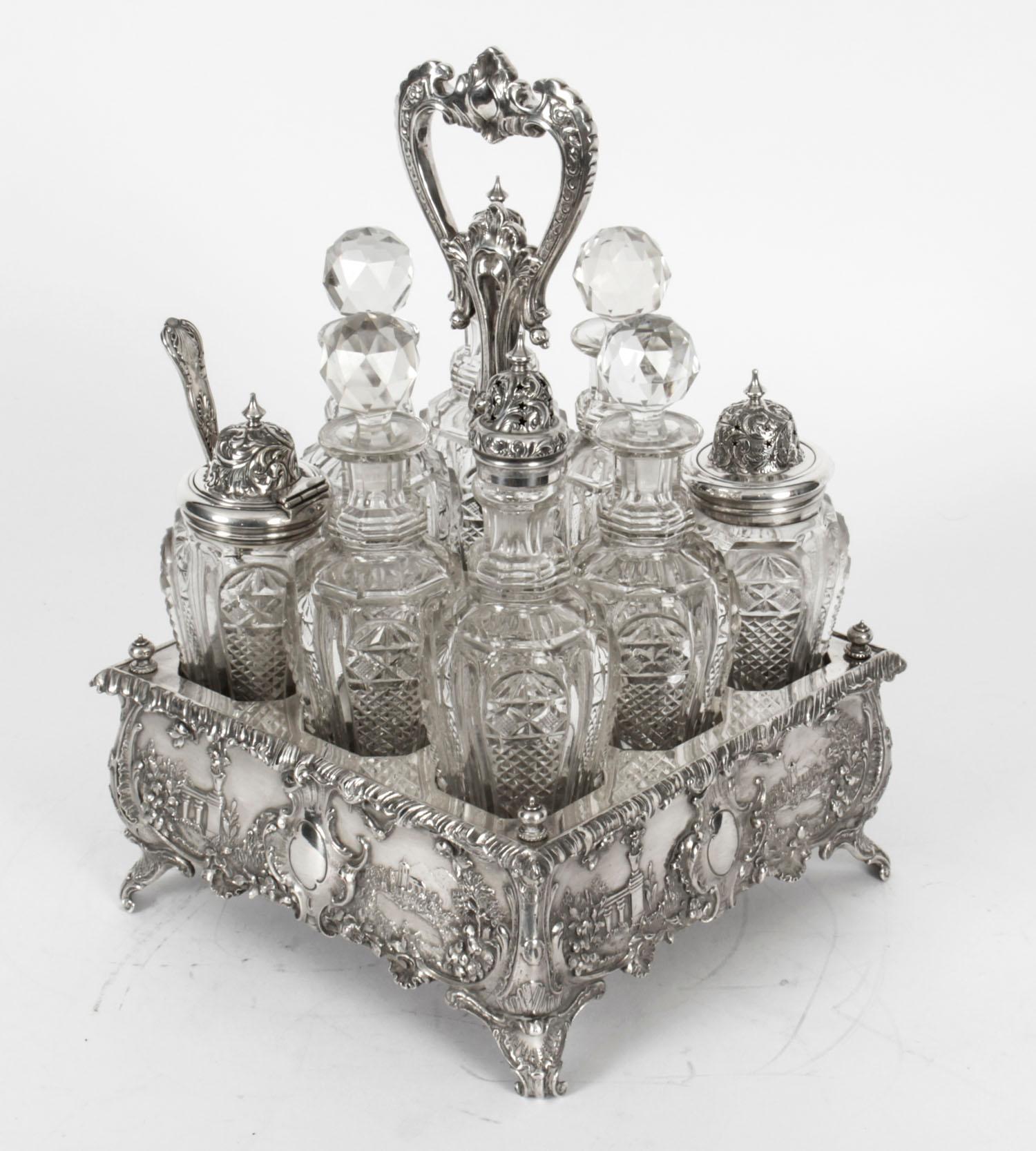 English Antique Victorian Silver Plated 8 Bottle Cruet Set Walker & Hall, 19th Century