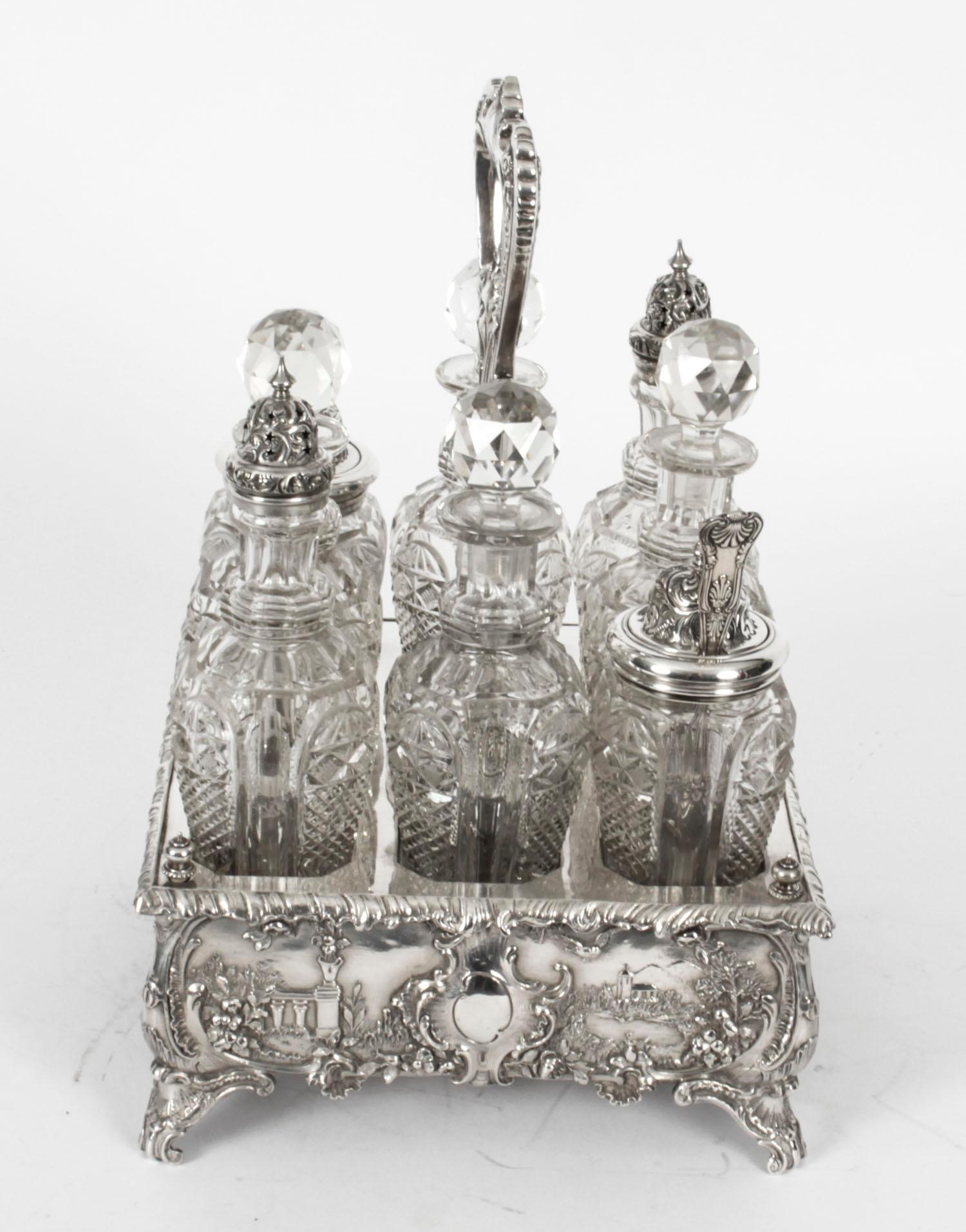 Mid-19th Century Antique Victorian Silver Plated 8 Bottle Cruet Set Walker & Hall, 19th Century