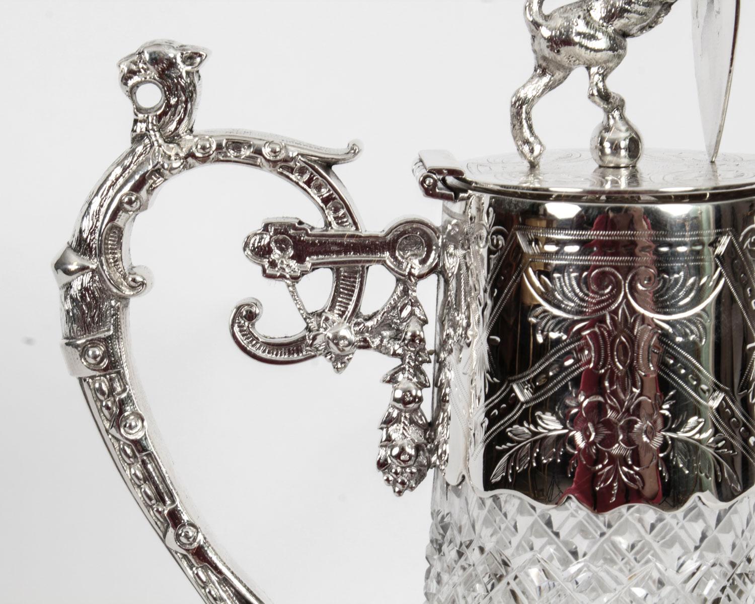 Antique Victorian Silver Plated and Cut Crystal Claret Jug 19th C For Sale 6