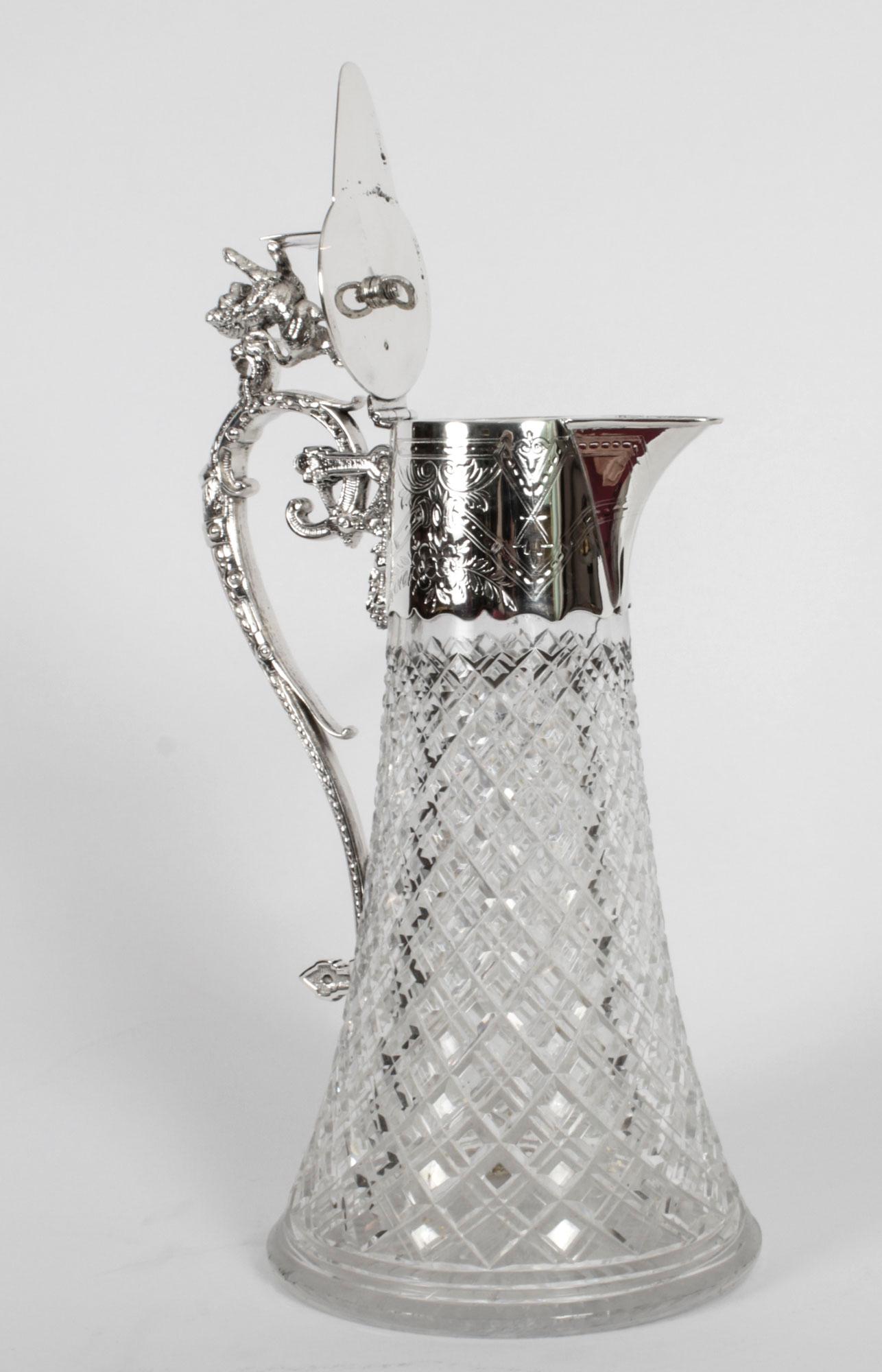 Antique Victorian Silver Plated and Cut Crystal Claret Jug 19th C For Sale 11