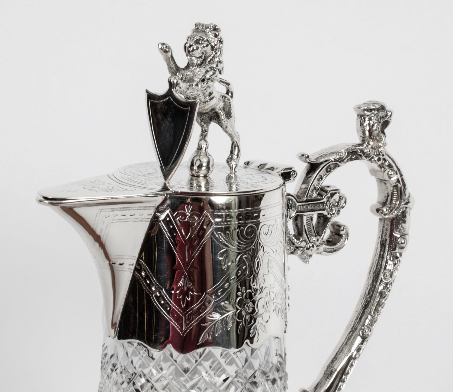 Late 19th Century Antique Victorian Silver Plated and Cut Crystal Claret Jug 19th C For Sale
