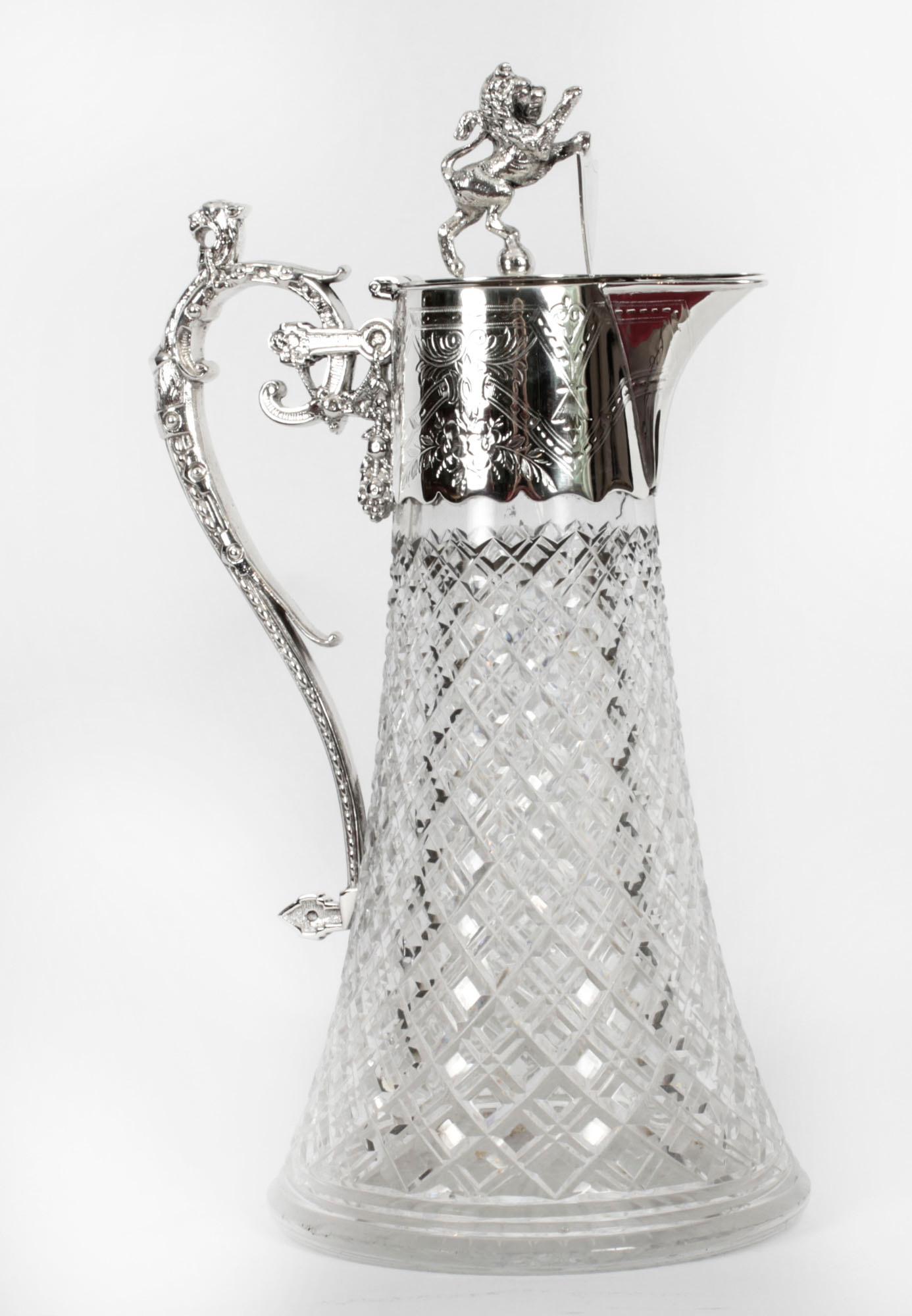 Antique Victorian Silver Plated and Cut Crystal Claret Jug 19th C For Sale 2