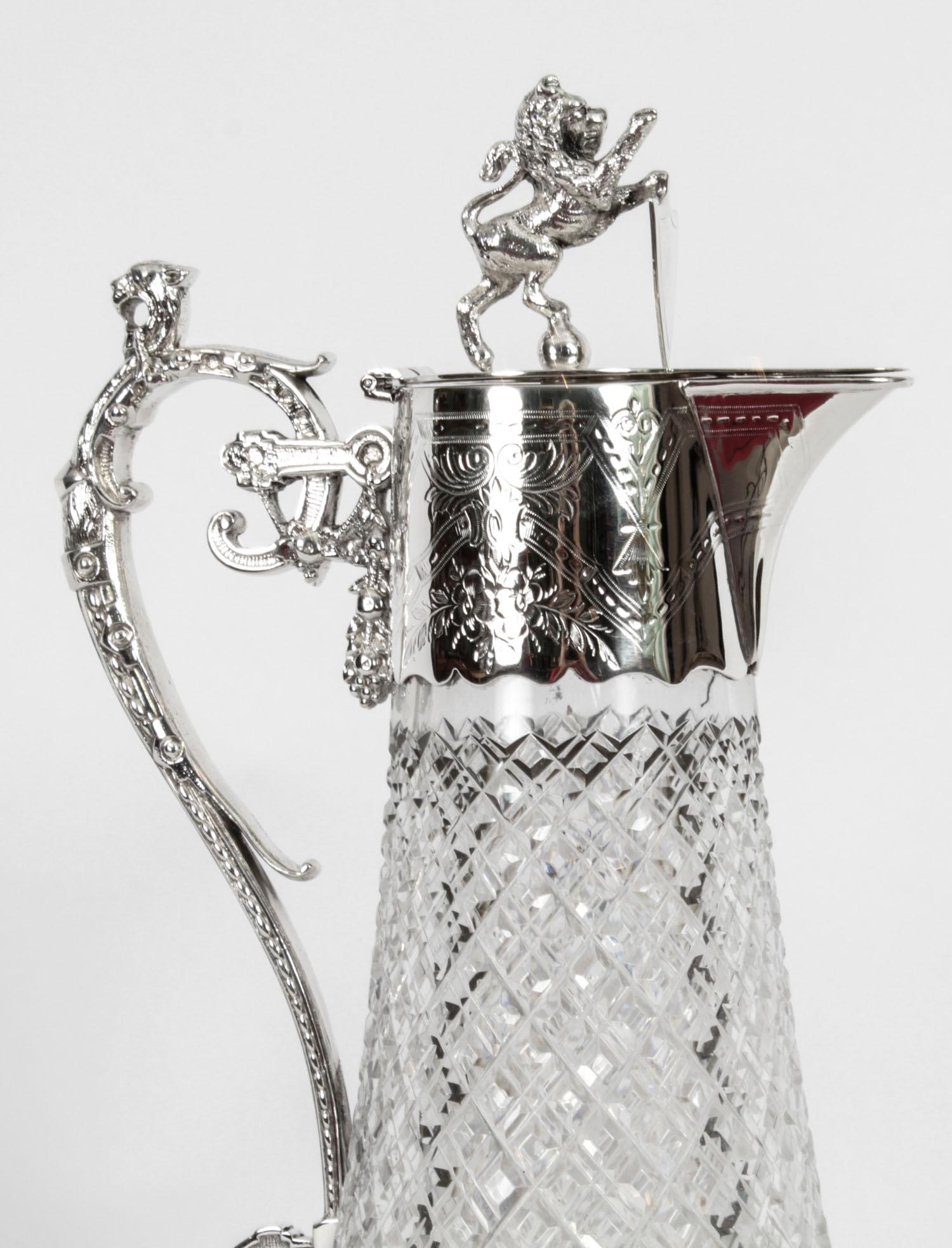 Antique Victorian Silver Plated and Cut Crystal Claret Jug 19th C For Sale 4