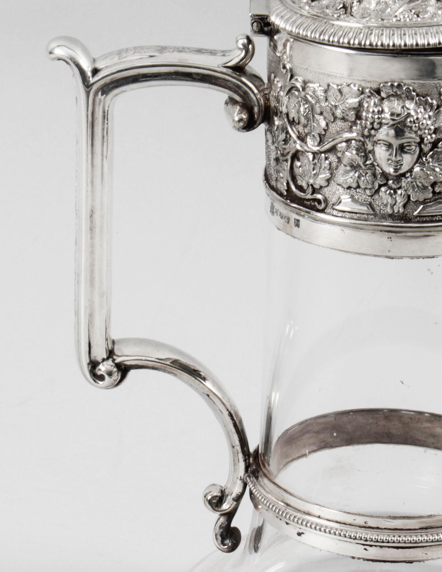 Anglais Pichet à vin victorien ancien en métal argenté et cristal taillé Elkington & Co 19ème siècle en vente