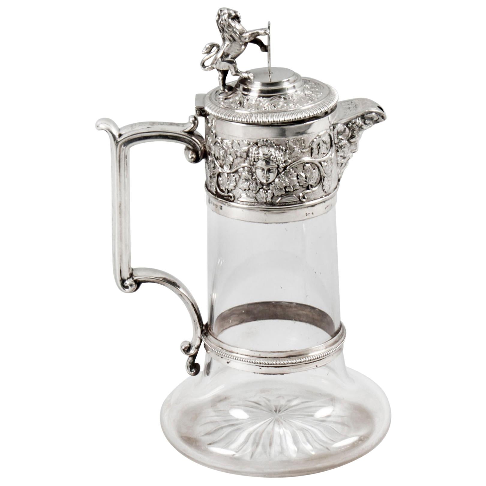 Antigua jarra victoriana de clarete chapada en plata y cristal tallado Elkington & Co S. XIX