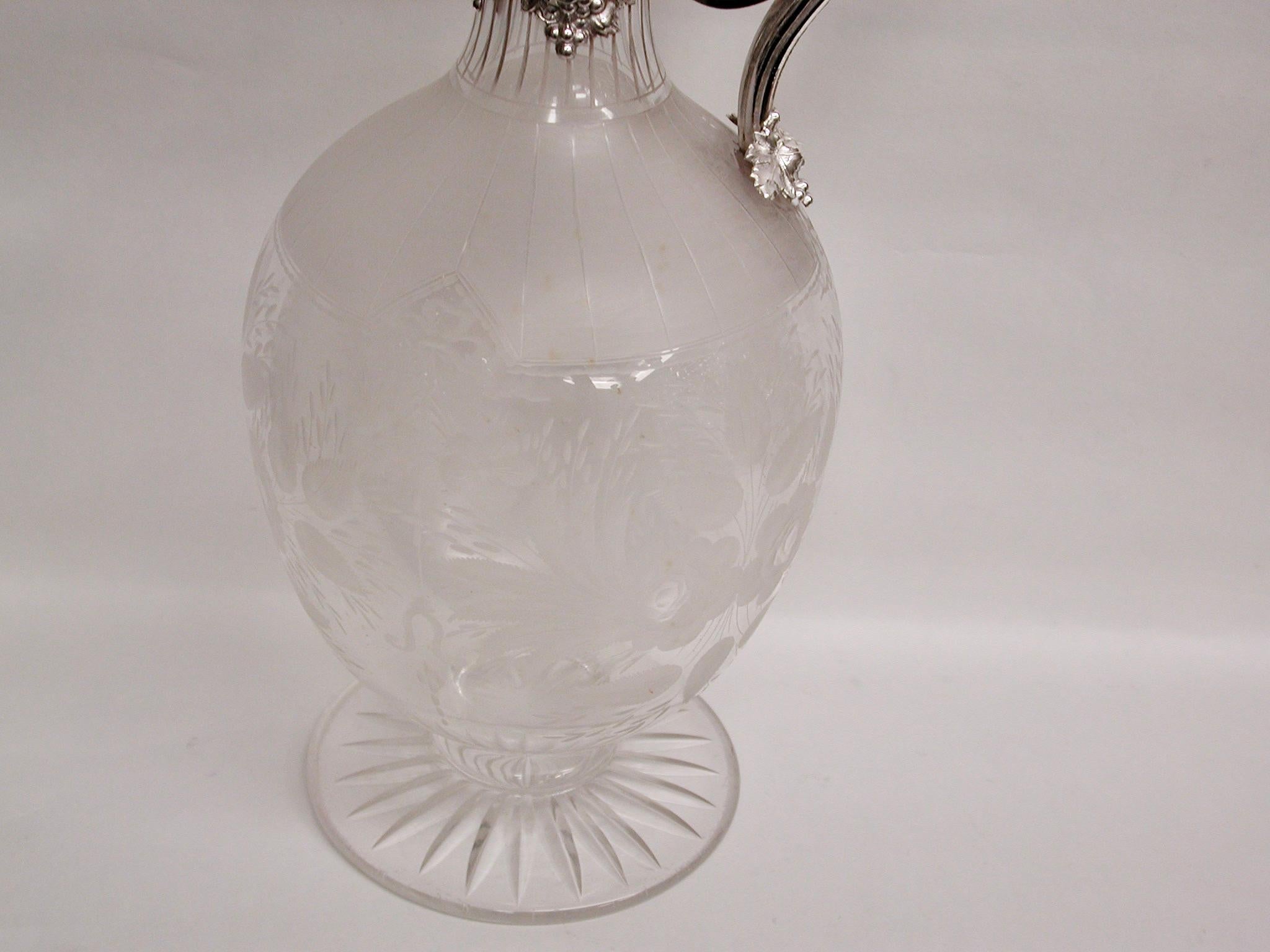English Antique Victorian Silver Plated and Etched Glass Claret Jug, Dated circa 1880