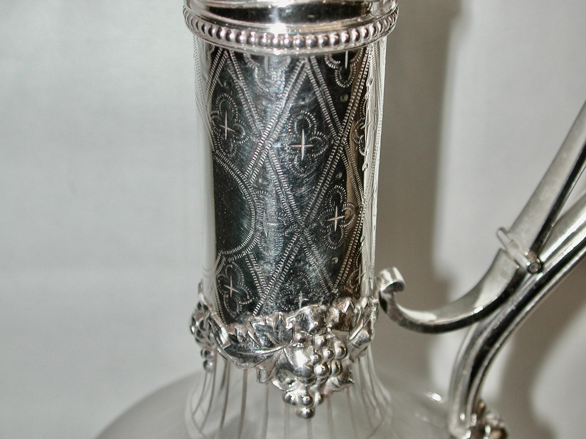Antique Victorian Silver Plated and Etched Glass Claret Jug, Dated circa 1880 2