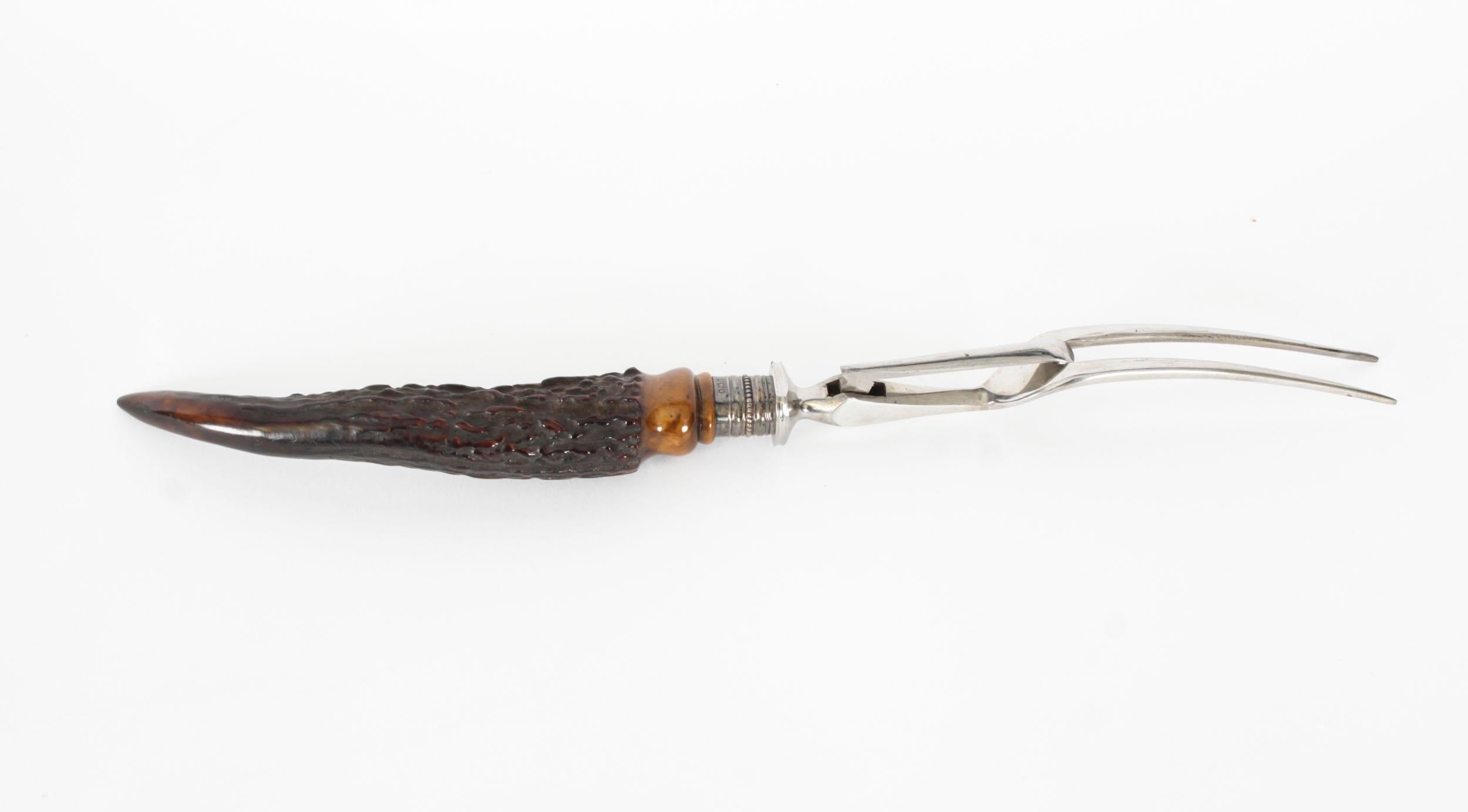 Antike  Viktorianisches versilbertes Geweih Horn Schnitzerei servieren Set 19. im Angebot 12