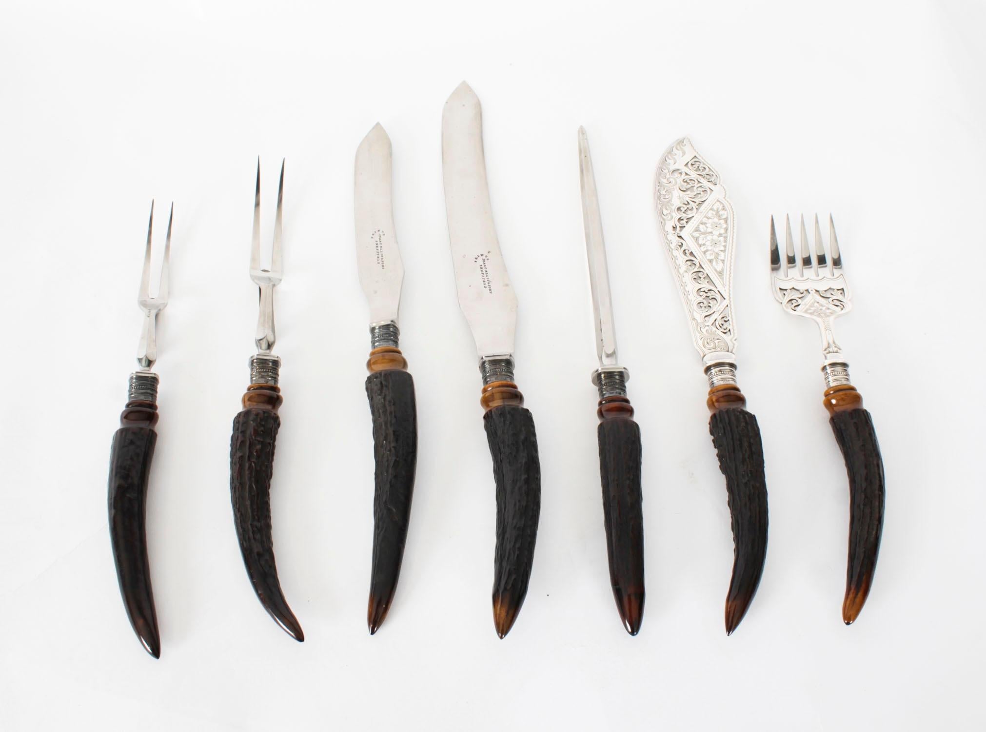 Antike  Viktorianisches versilbertes Geweih Horn Schnitzerei servieren Set 19. (Silber) im Angebot