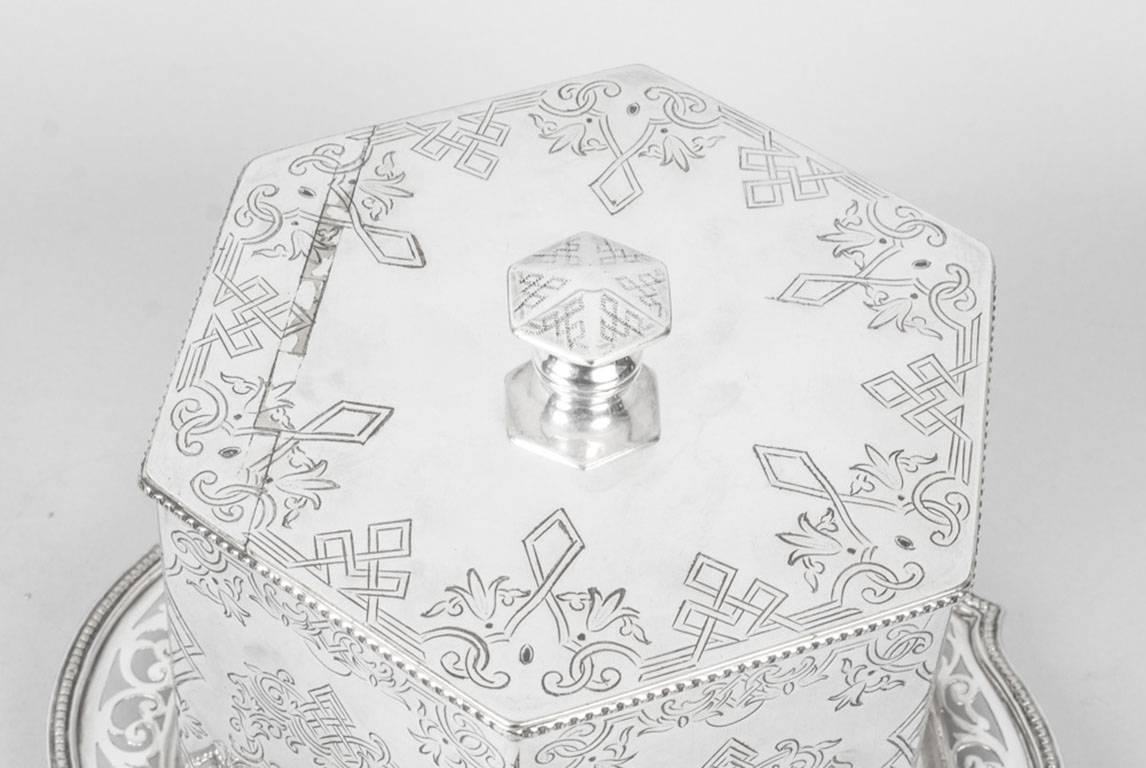 This is a beautiful antique Victorian silver plated biscuit box, bearing the Victorian diamond registration mark for the 28th May 1867.
 
The hexagon prism shaped box with a lift up lid is beautifully engraved with floral and foliate