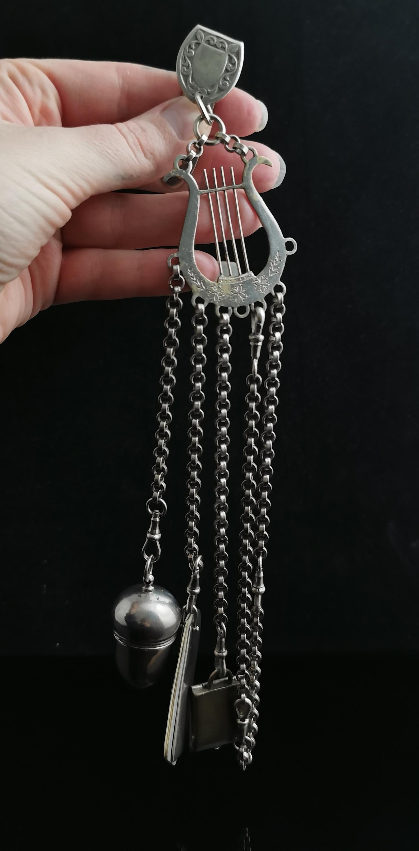 Antique Victorian silver plated Chatelaine l, Acorn and Lyre  2