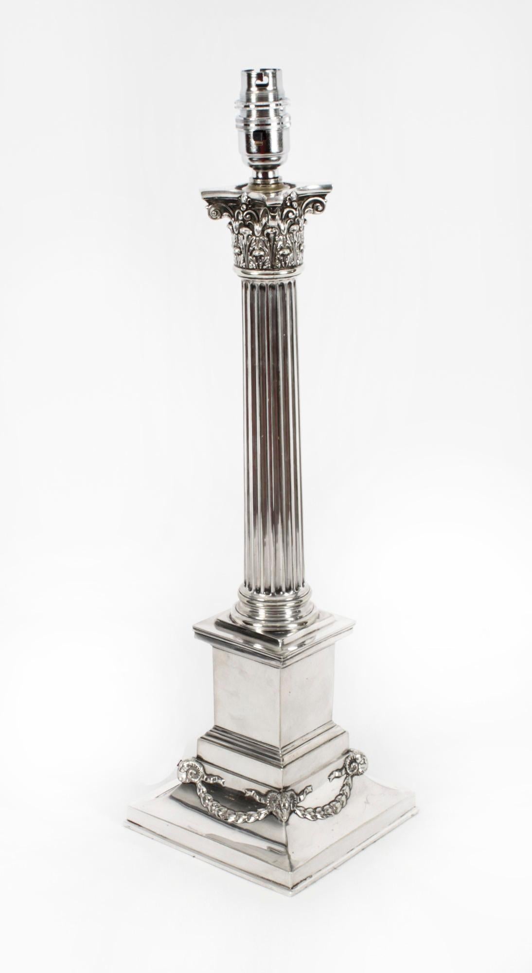 Antique Victorian Silver Plated Corinthian Column Table Lamp 19th C 6