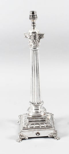 Antique Victorian Silver Plated Corinthian Column Table Lamp, 19th Century