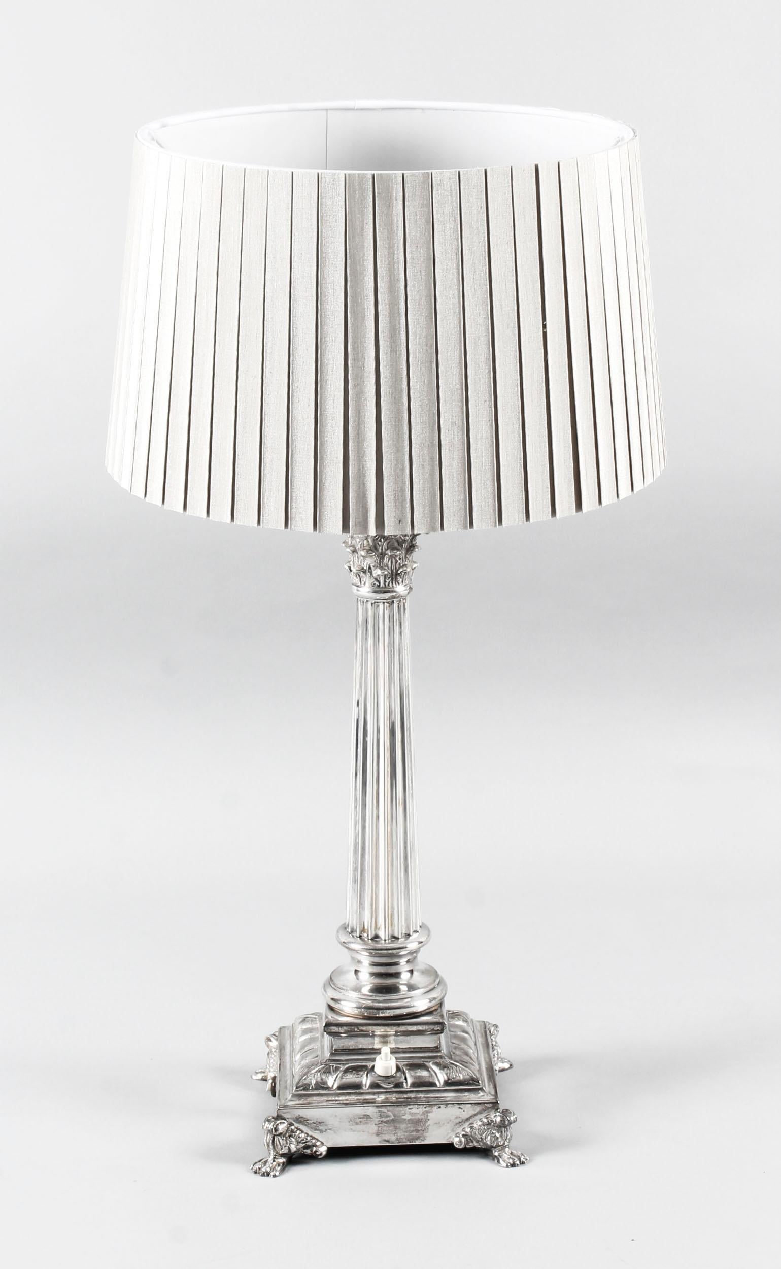 English Antique Victorian Silver Plated Corinthian Column Table Lamp, 19th Century