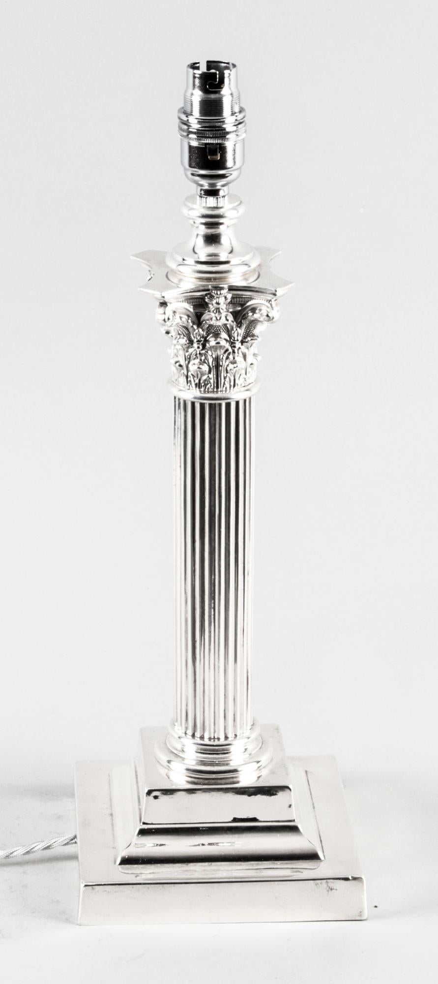 English Antique Victorian Silver Plated Corinthian Column Table Lamp, 19th Century