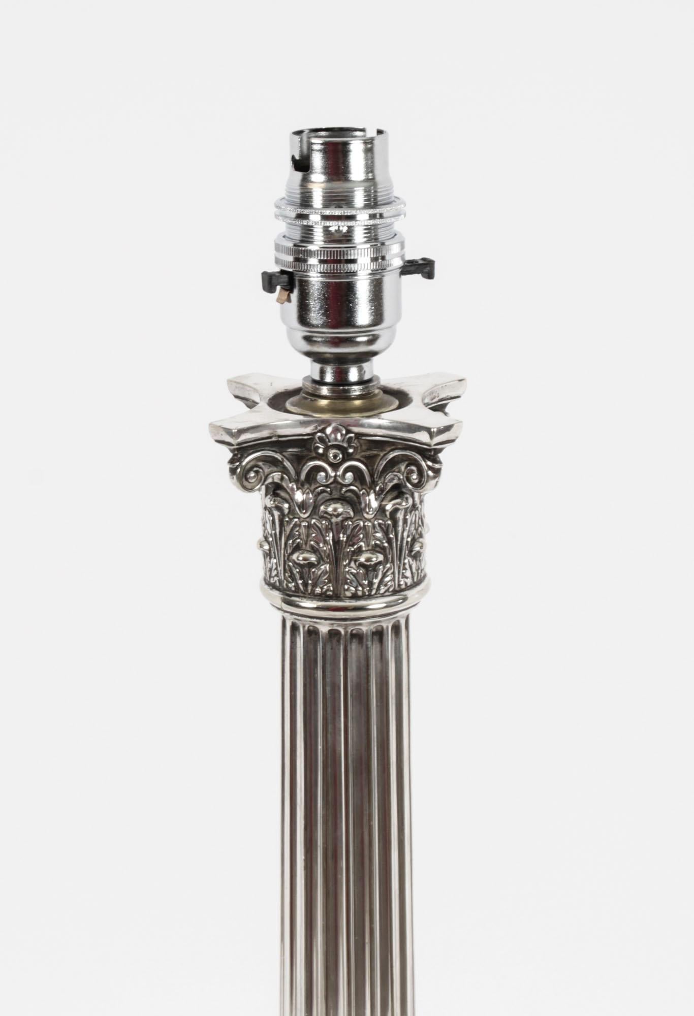English Antique Victorian Silver Plated Corinthian Column Table Lamp 19th C