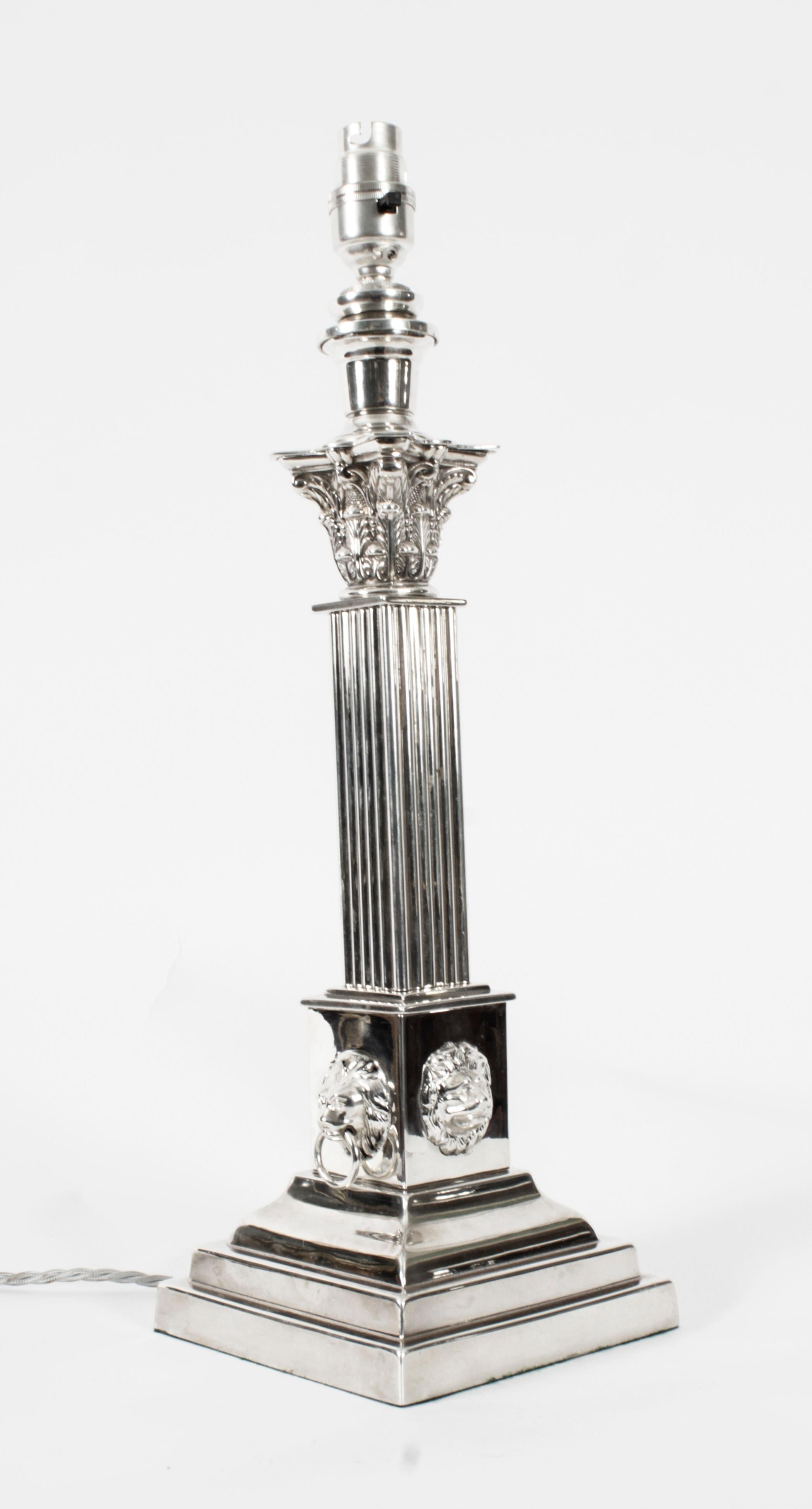Antique Victorian Silver Plated Corinthian Column Table Lamp 19th Century 13