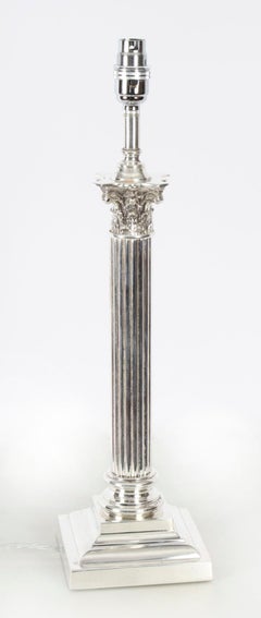 Antique Victorian Silver Plated Corinthian Column Table Lamp, 19th Century