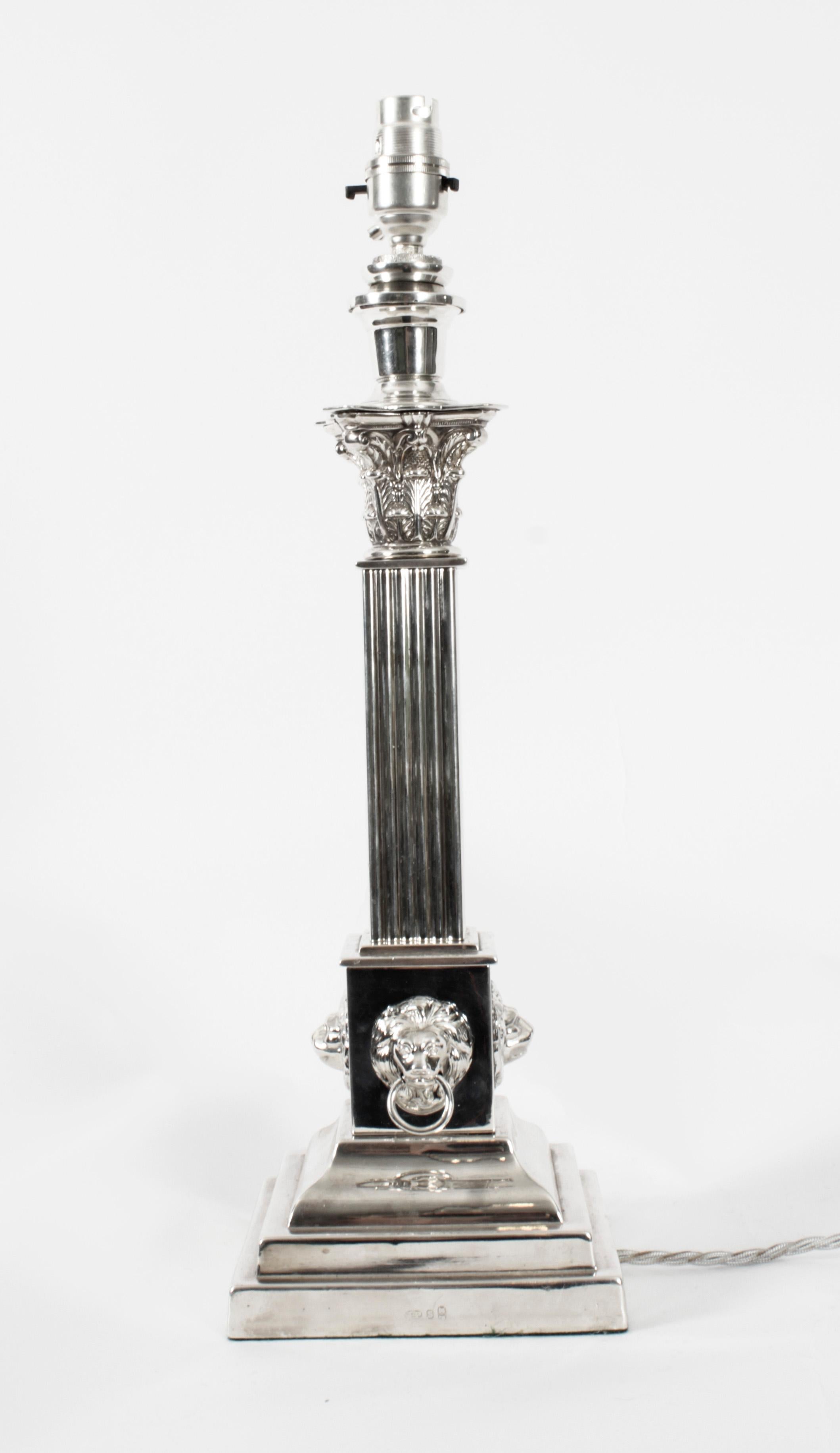 English Antique Victorian Silver Plated Corinthian Column Table Lamp 19th Century