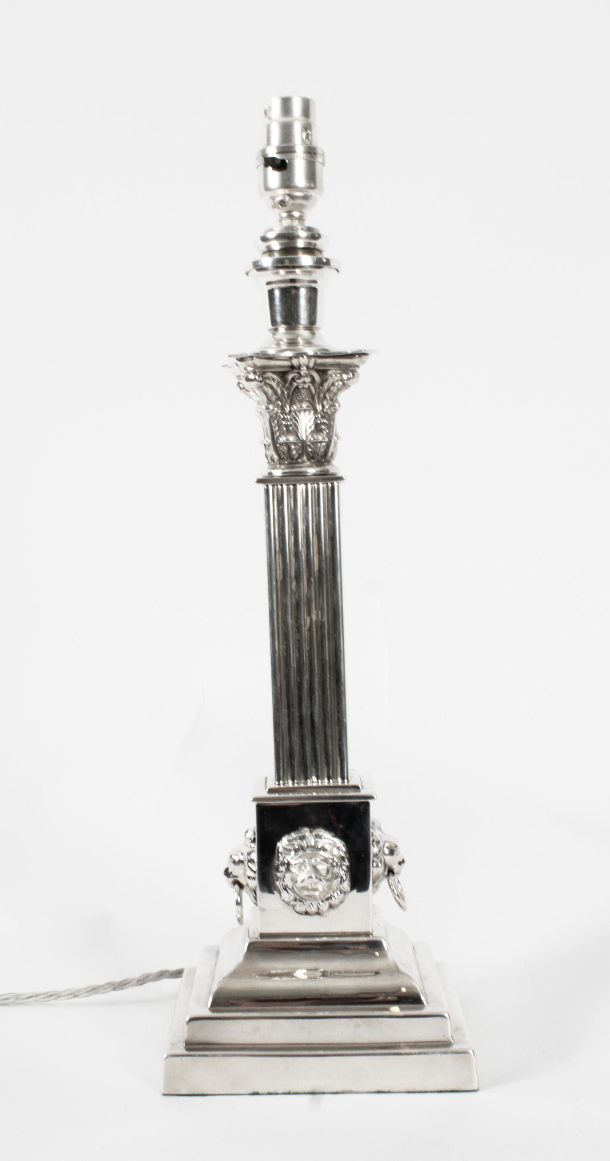 Late 19th Century Antique Victorian Silver Plated Corinthian Column Table Lamp 19th Century