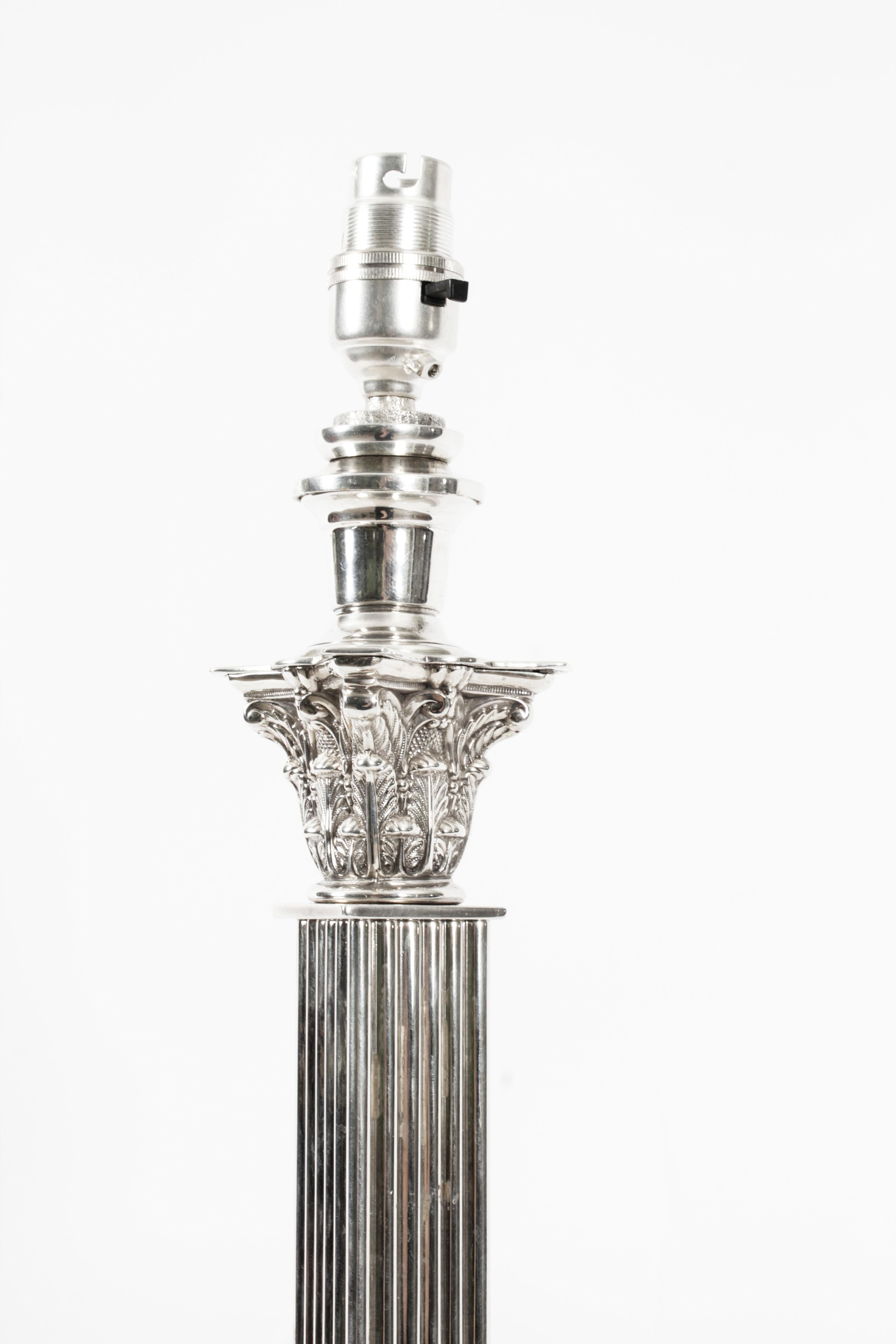 Antique Victorian Silver Plated Corinthian Column Table Lamp 19th Century 1