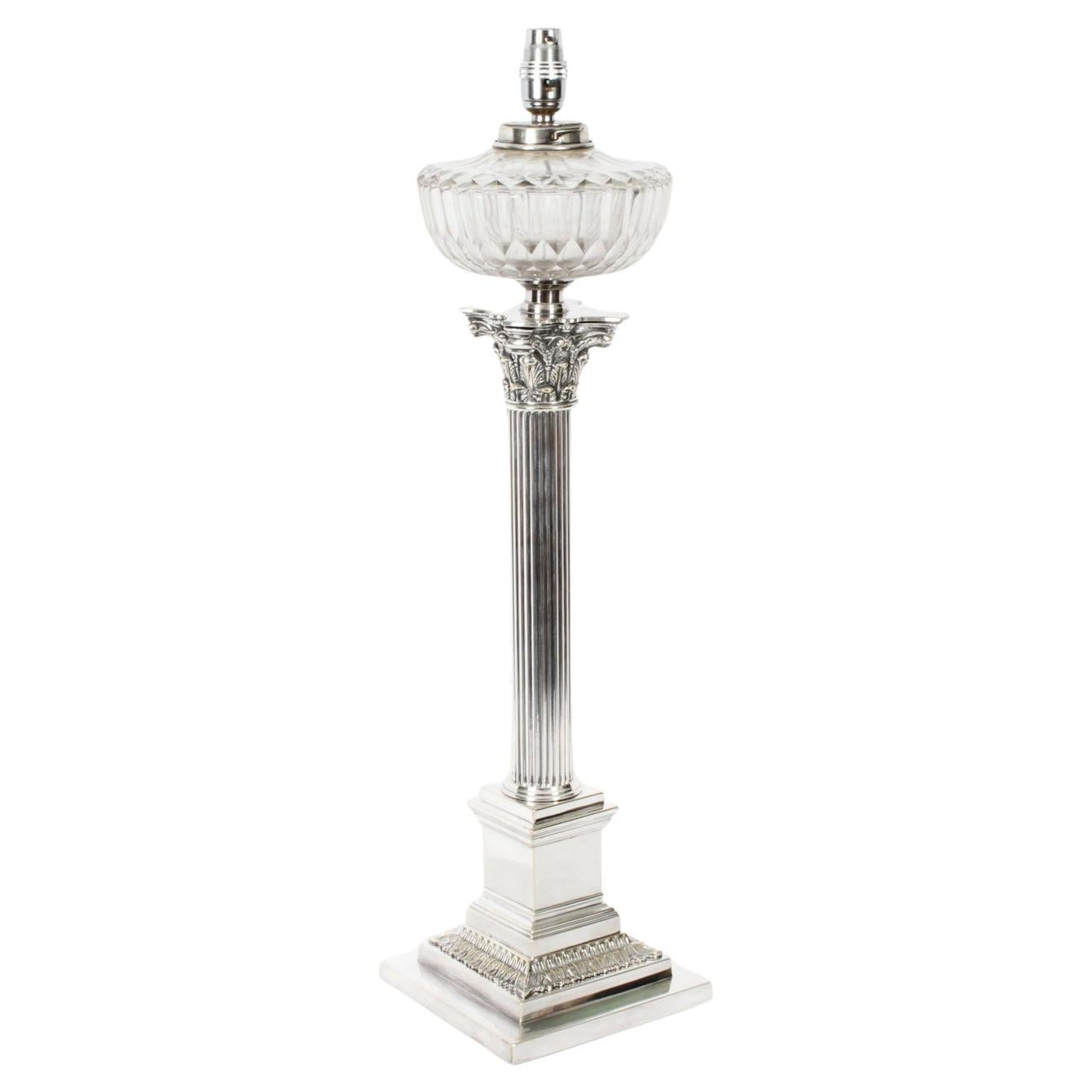 Antique Victorian Silver Plated Corinthian Column Table Lamp 19th Century