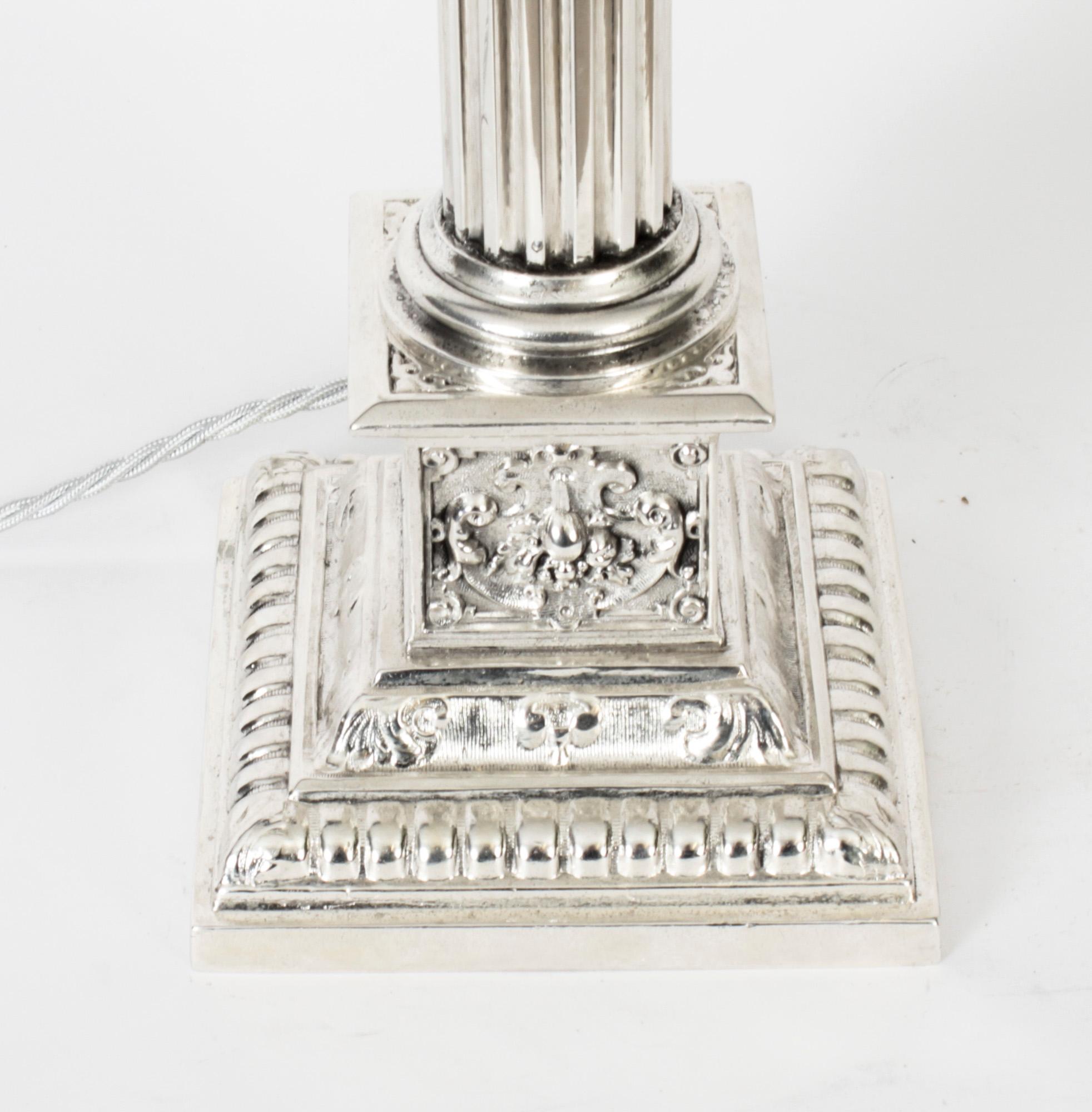 Late 19th Century Antique Victorian Silver Plated Corinthian Column Table Lamp Late 19th C For Sale