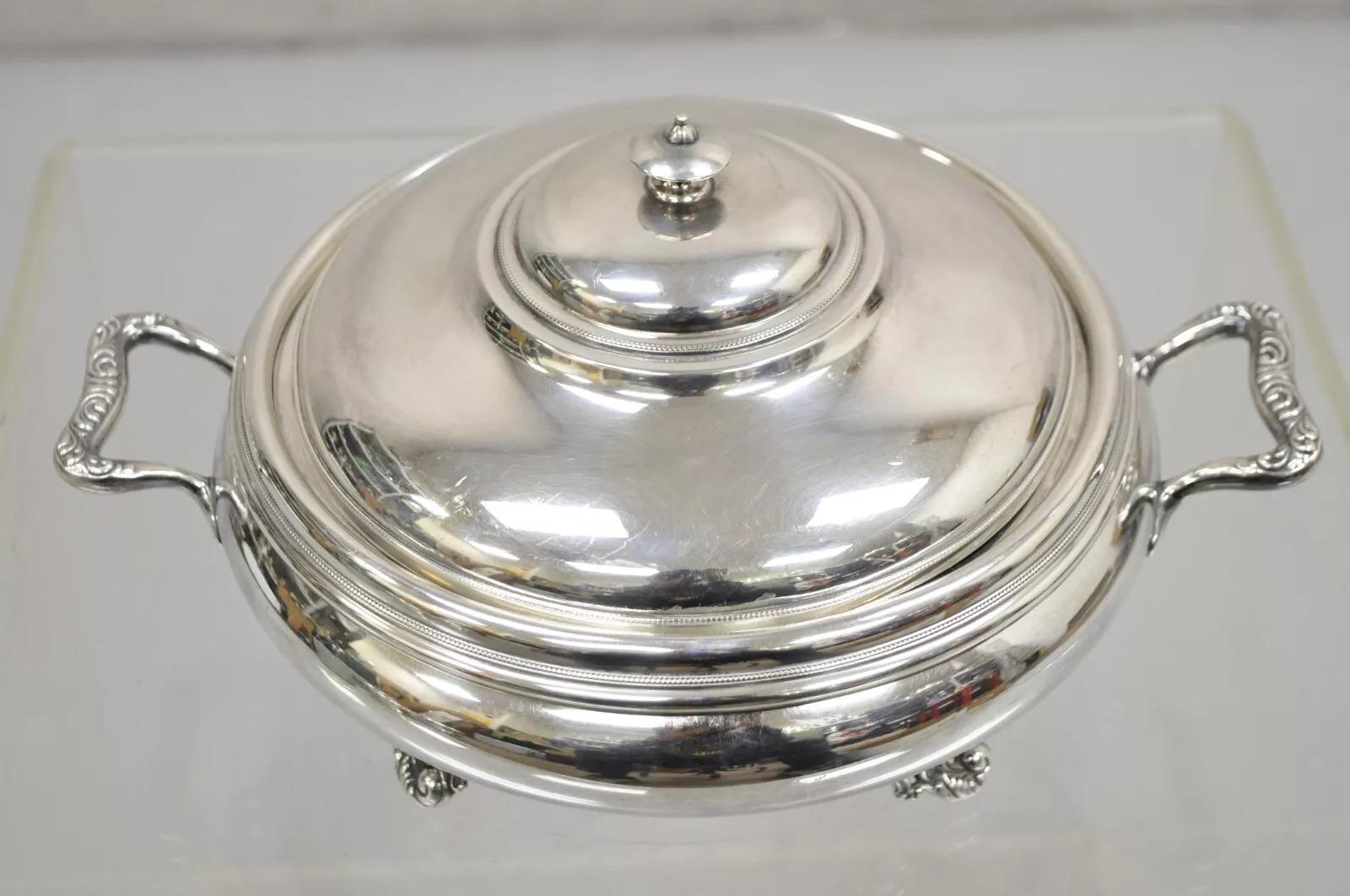 Ancienne soupière couverte en argent plaqué de style victorien anglais, plat de service par Rockford. Gravé 
