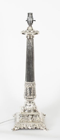 Antique Victorian Silver Plated Doric Column Table Lamp, 19th Century
