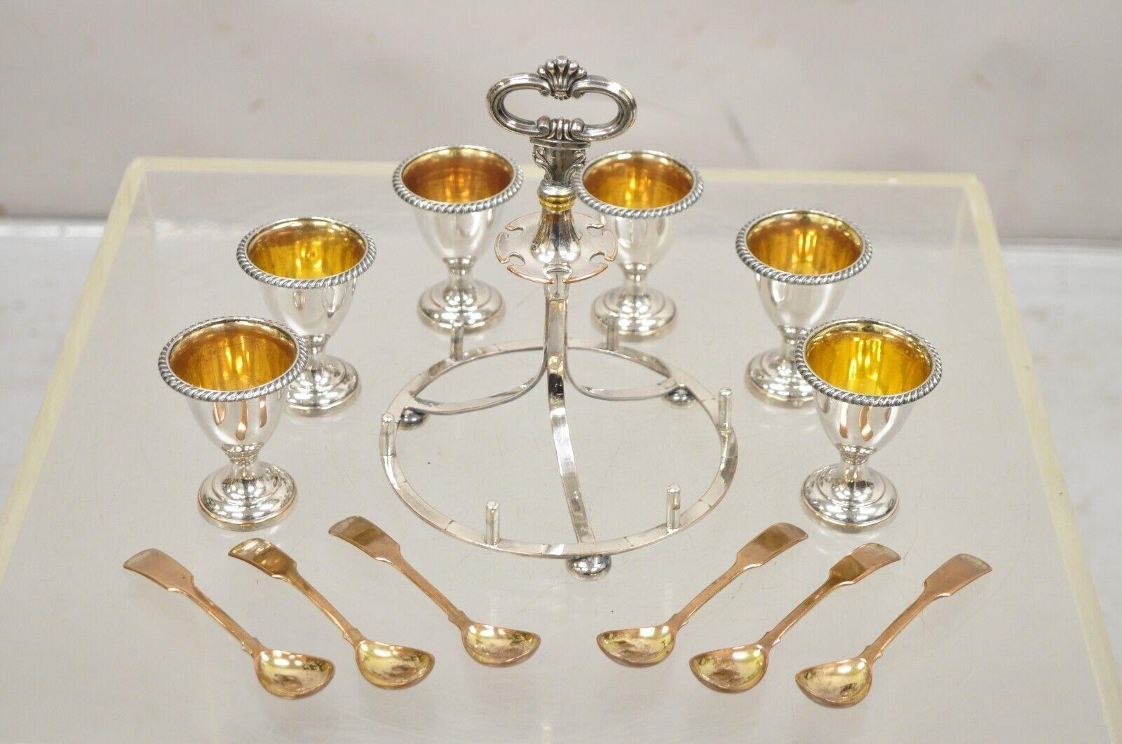Antique Victorian Silver Plated Egg Server with Spoon Set - Serving for 6 In Good Condition For Sale In Philadelphia, PA