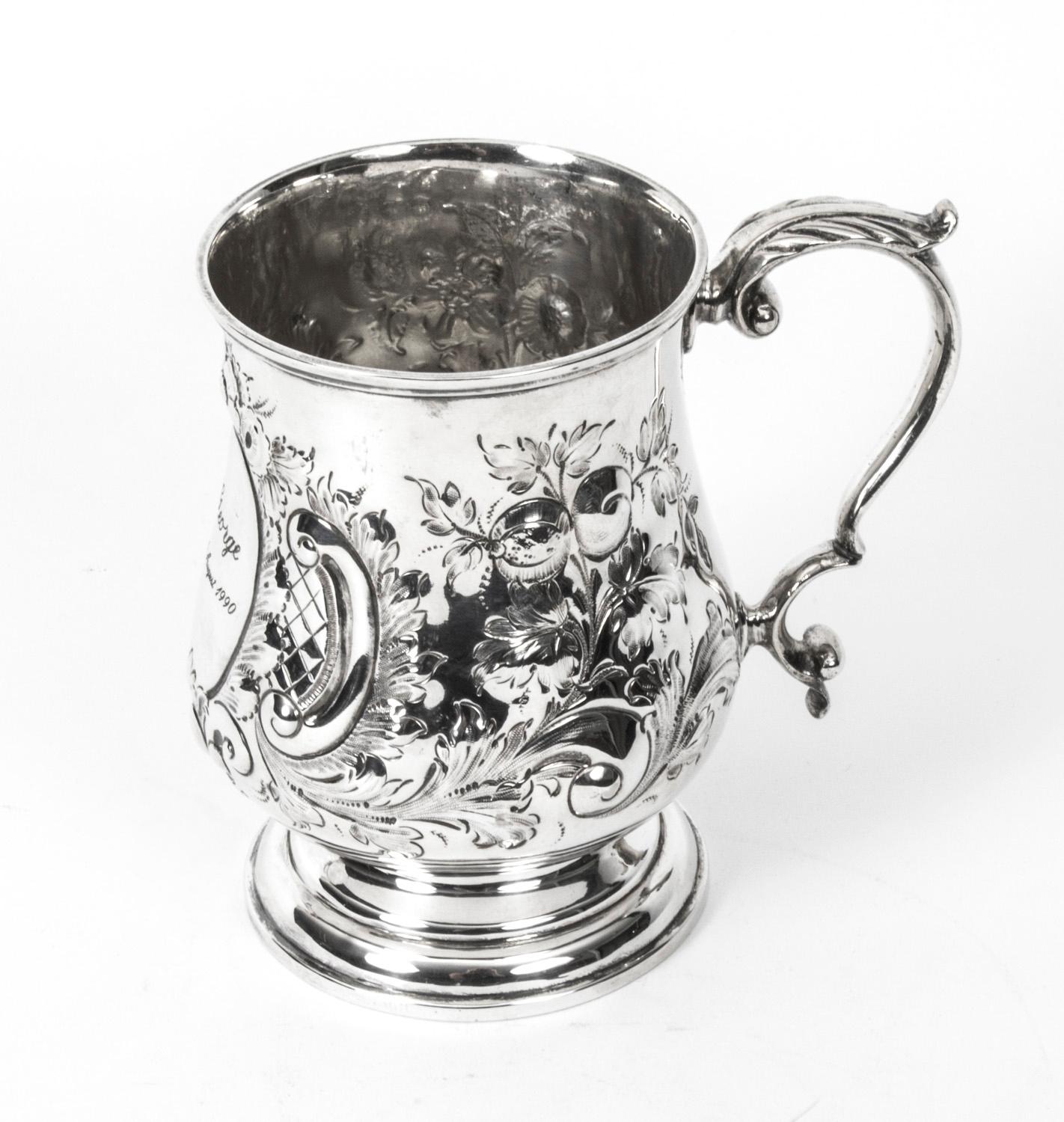 Antique Victorian Silver Plated Embossed and Engraved Mug 19th Century For Sale 5