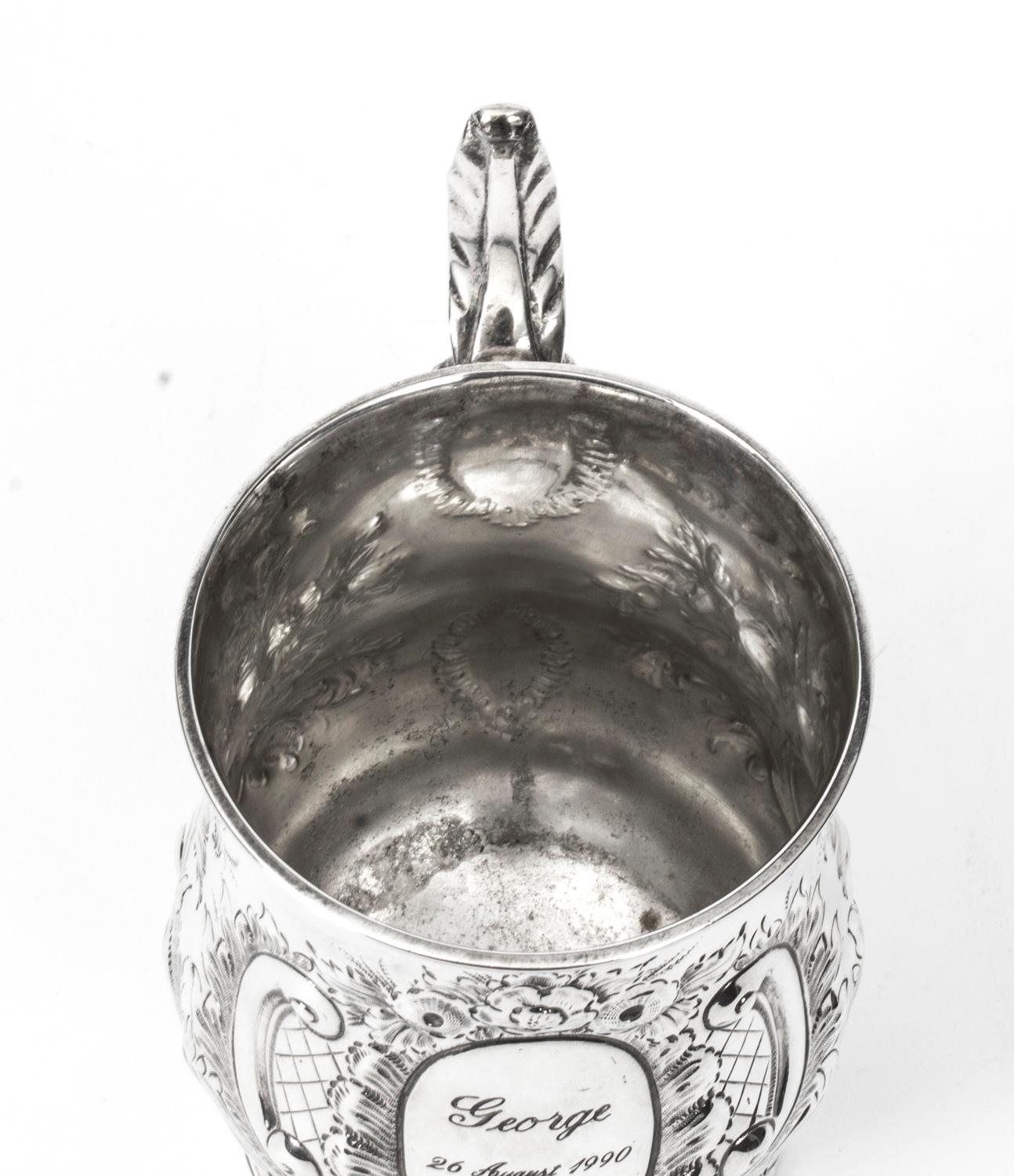 Antique Victorian Silver Plated Embossed and Engraved Mug 19th Century For Sale 7