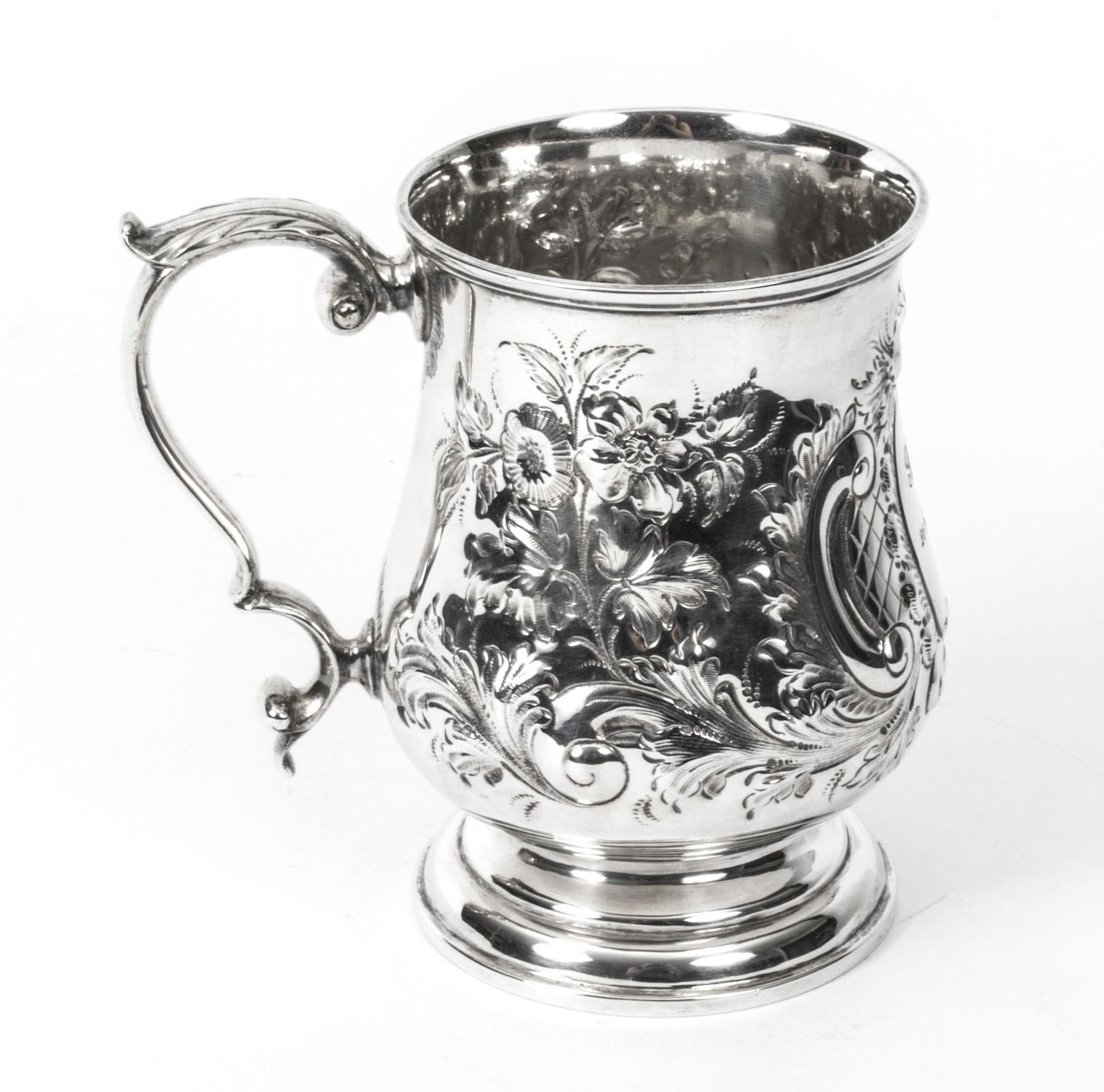 Antique Victorian Silver Plated Embossed and Engraved Mug 19th Century For Sale 9