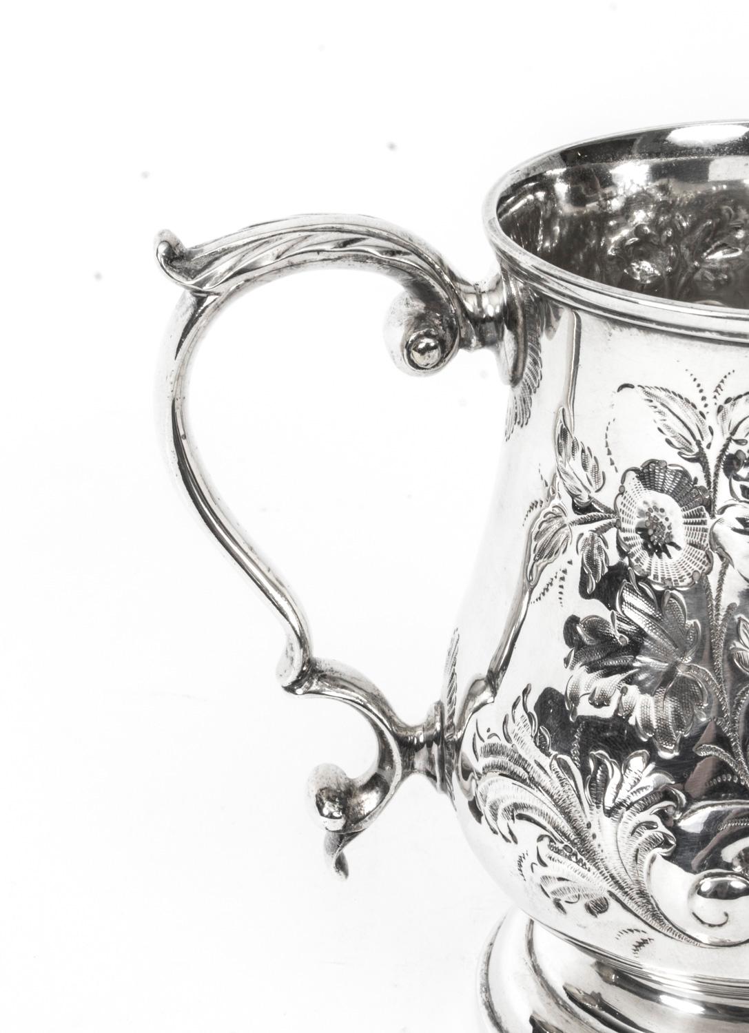 English Antique Victorian Silver Plated Embossed and Engraved Mug 19th Century For Sale