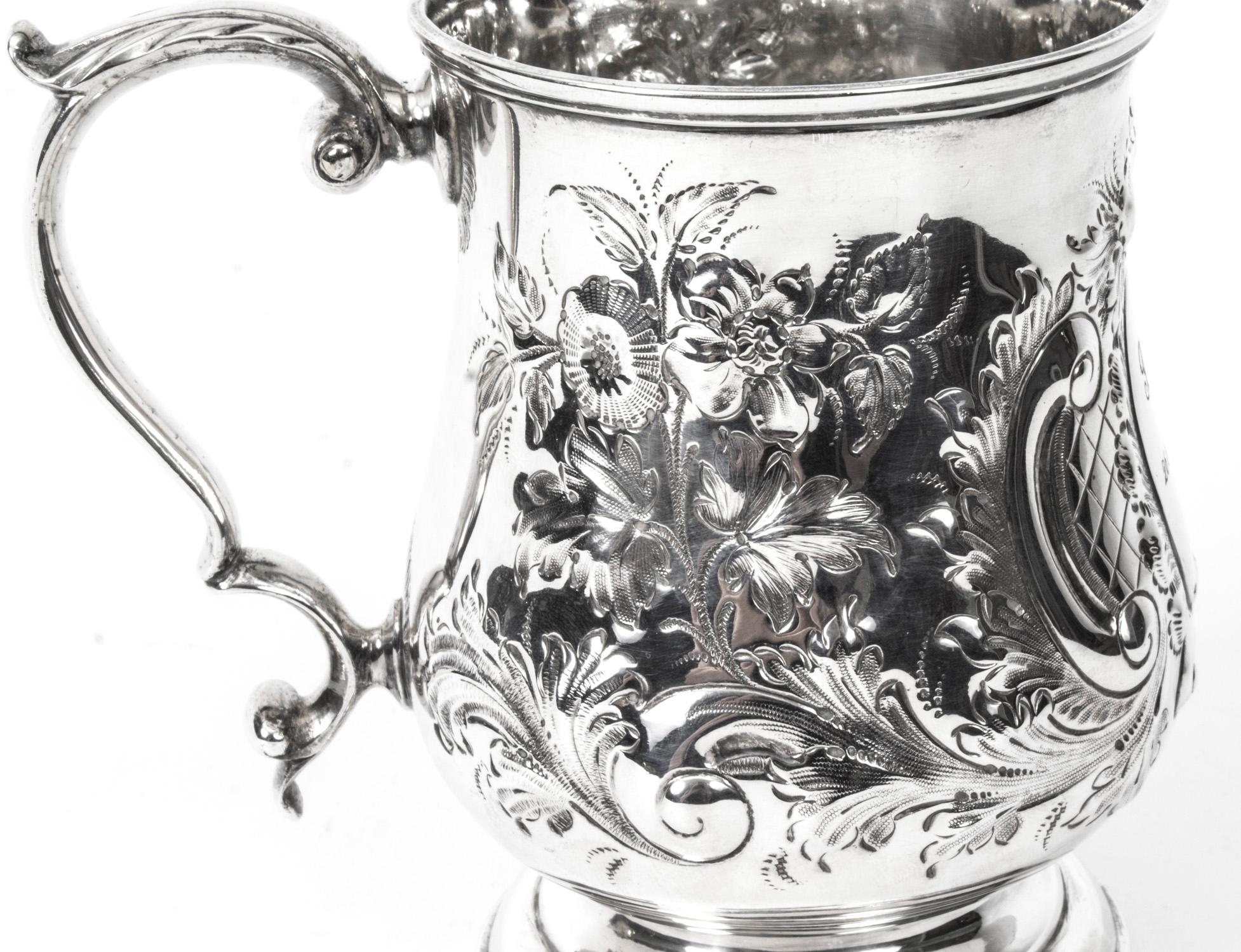 Late 19th Century Antique Victorian Silver Plated Embossed and Engraved Mug 19th Century For Sale