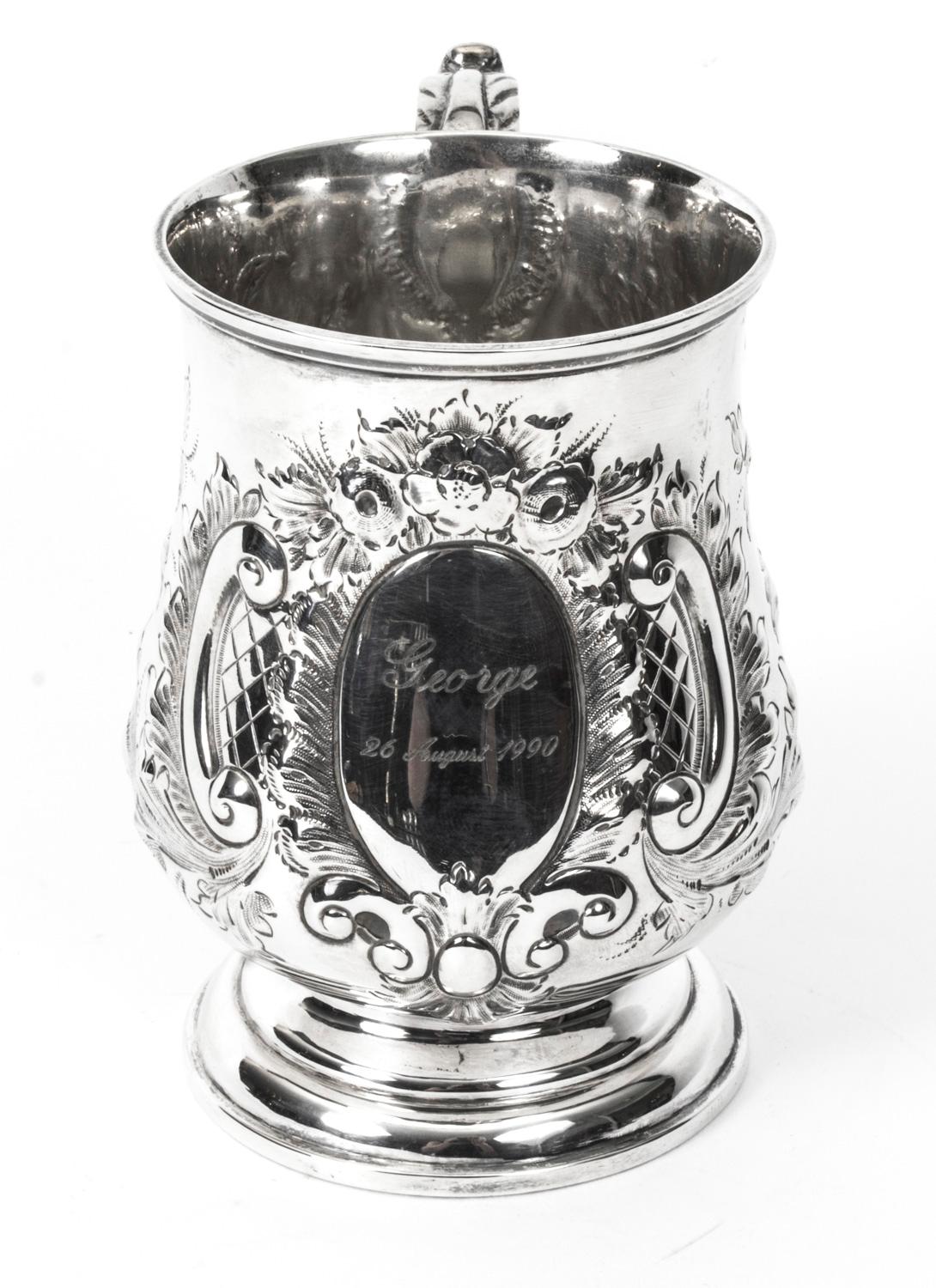 Antique Victorian Silver Plated Embossed and Engraved Mug 19th Century For Sale 1