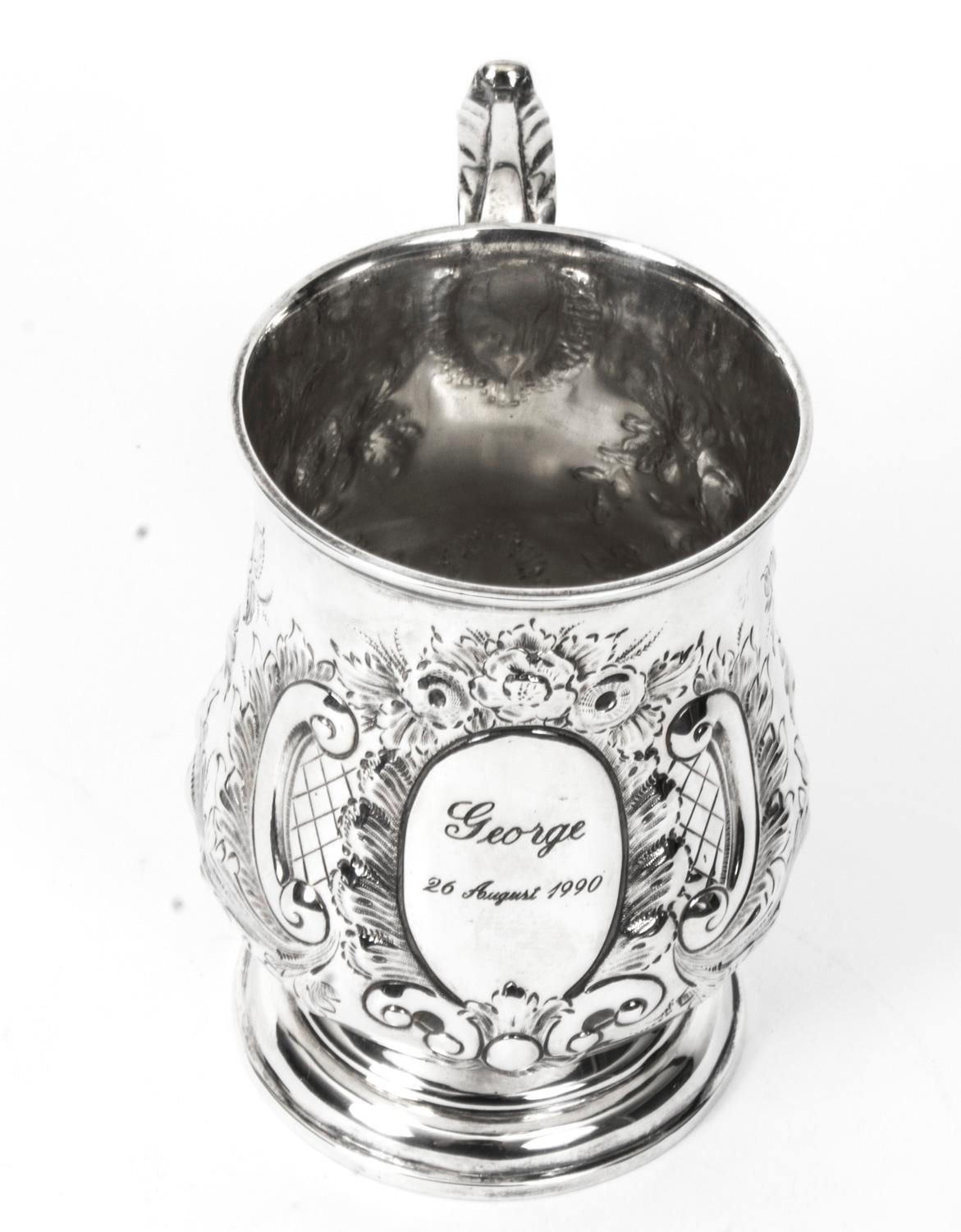 Antique Victorian Silver Plated Embossed and Engraved Mug 19th Century For Sale 4