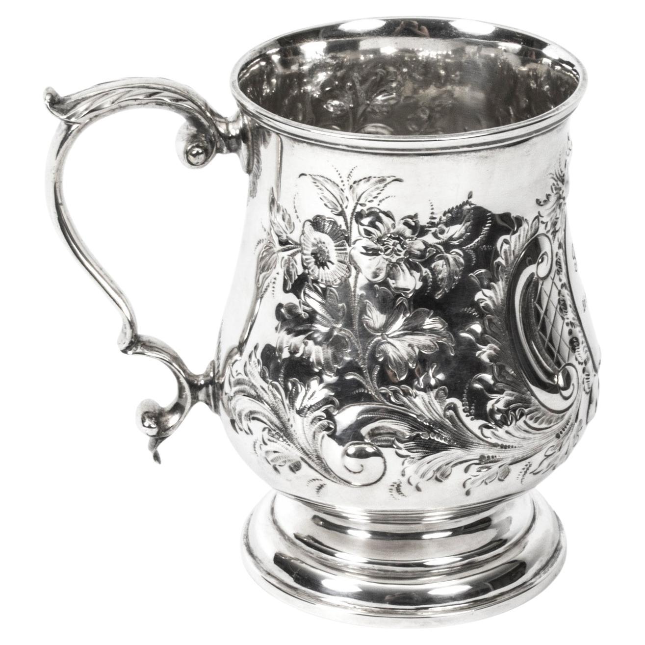 Antique Victorian Silver Plated Embossed and Engraved Mug 19th Century For Sale