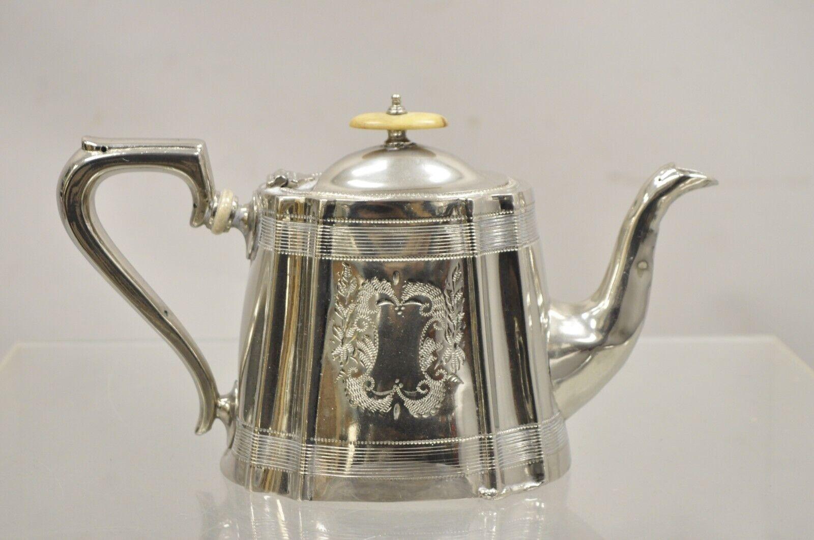 Antique Victorian Silver Plated Etched Coffee Pot Teapot. Circa early to Mid 20th Century. Measurements:  6