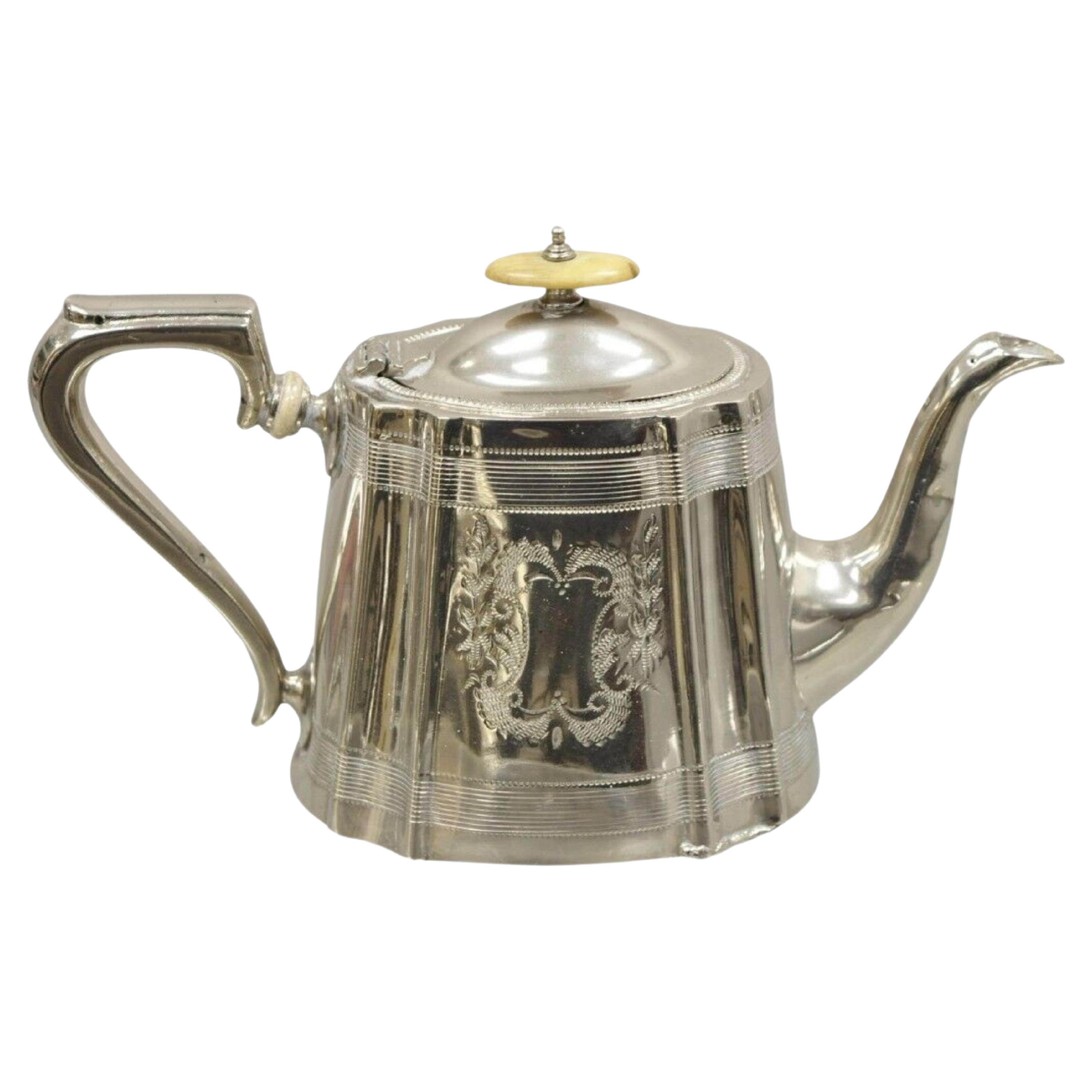 Antique Victorian Silver Plated Etched Coffee Pot Teapot For Sale
