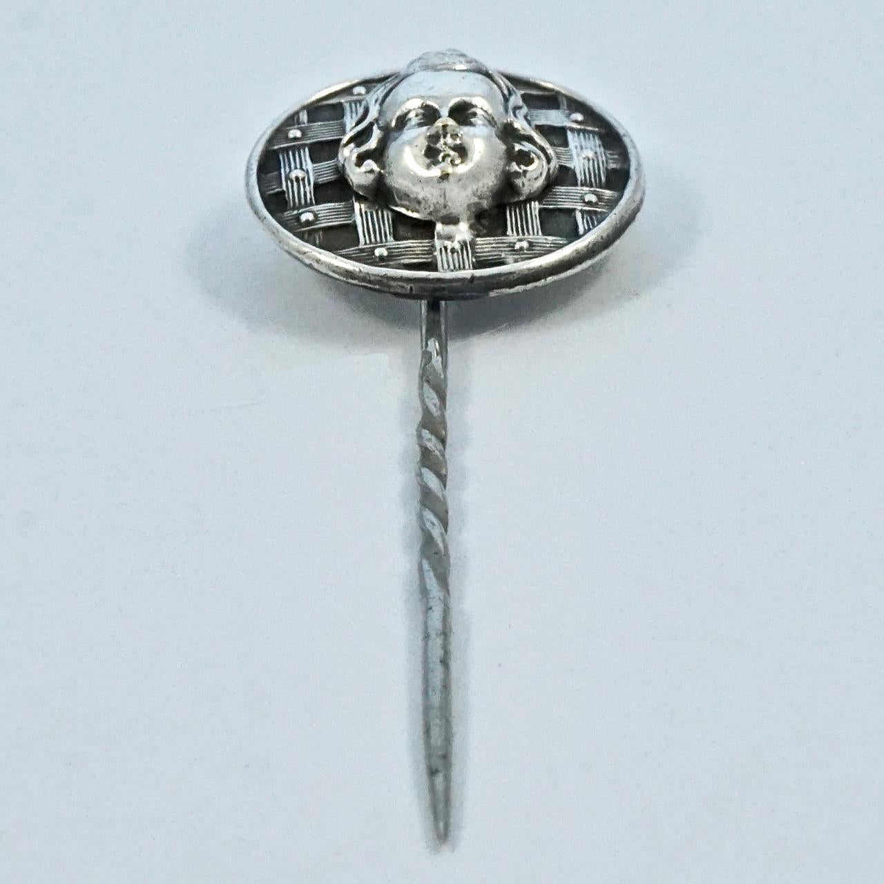 Antique Victorian Silver Plated Face Stick Pin In Good Condition In London, GB