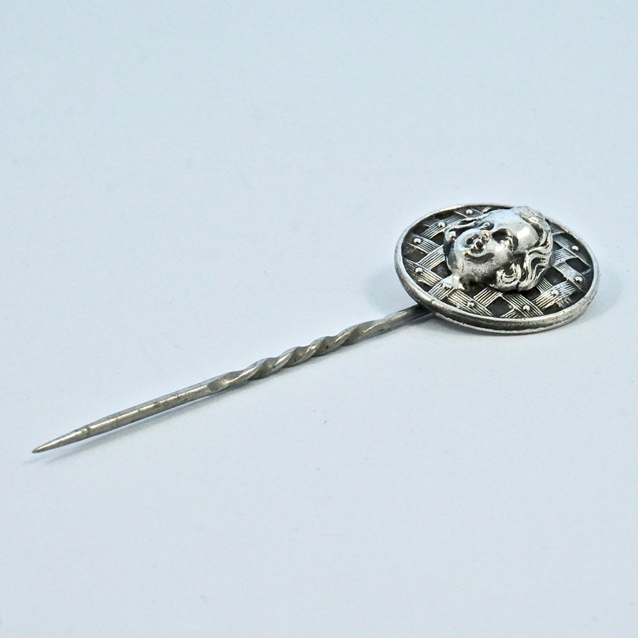 Women's or Men's Antique Victorian Silver Plated Face Stick Pin