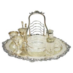 Antique Victorian Silver Plated Footed Cut Glass Breakfast Set Toast Rack w Tray