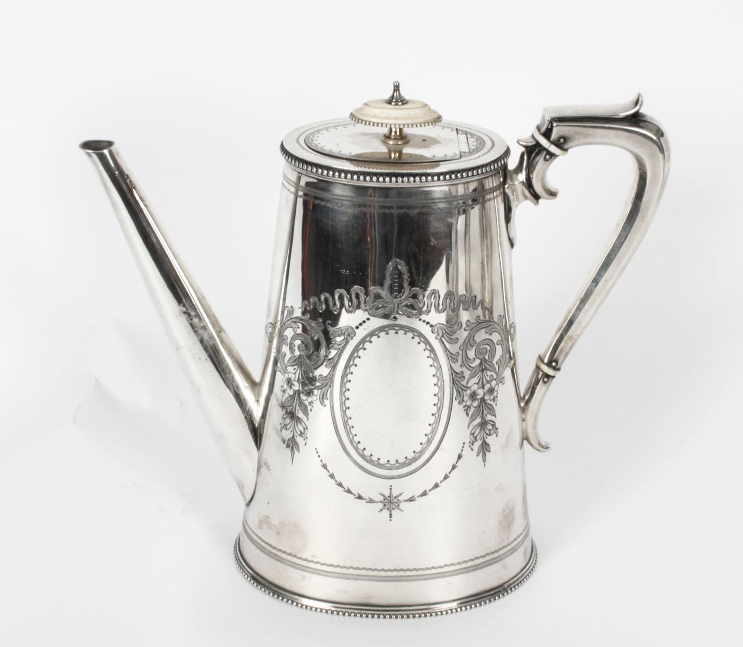 Antique Victorian Silver Plated Four Piece Tea & Coffee Set Elkington, 19th C 4