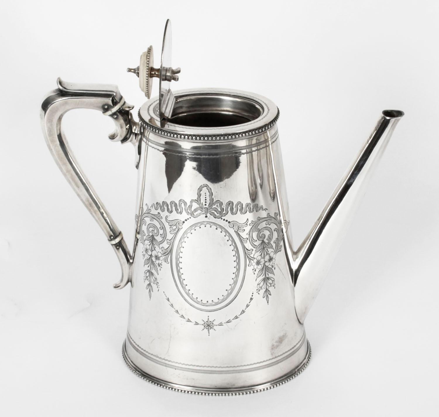 This is an exquisite antique English Victorian silver plated tea and coffee set by the renowned silversmith Elkington & Co and Circa 1860 in date.
 
This splendid set comprises a tea pot, coffee pot, cream jug and sugar bowl, all with superb