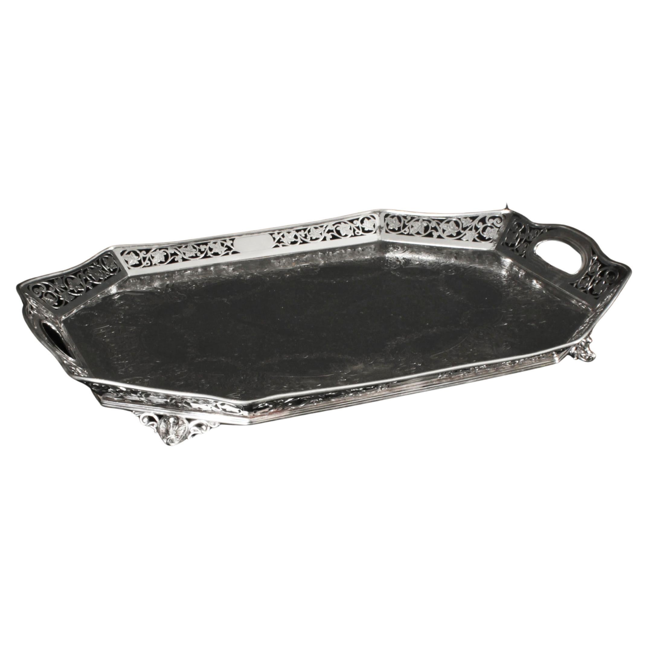 Antique Victorian Silver Plated Gallery Tray Lee & Wigfull Late 19th Century For Sale